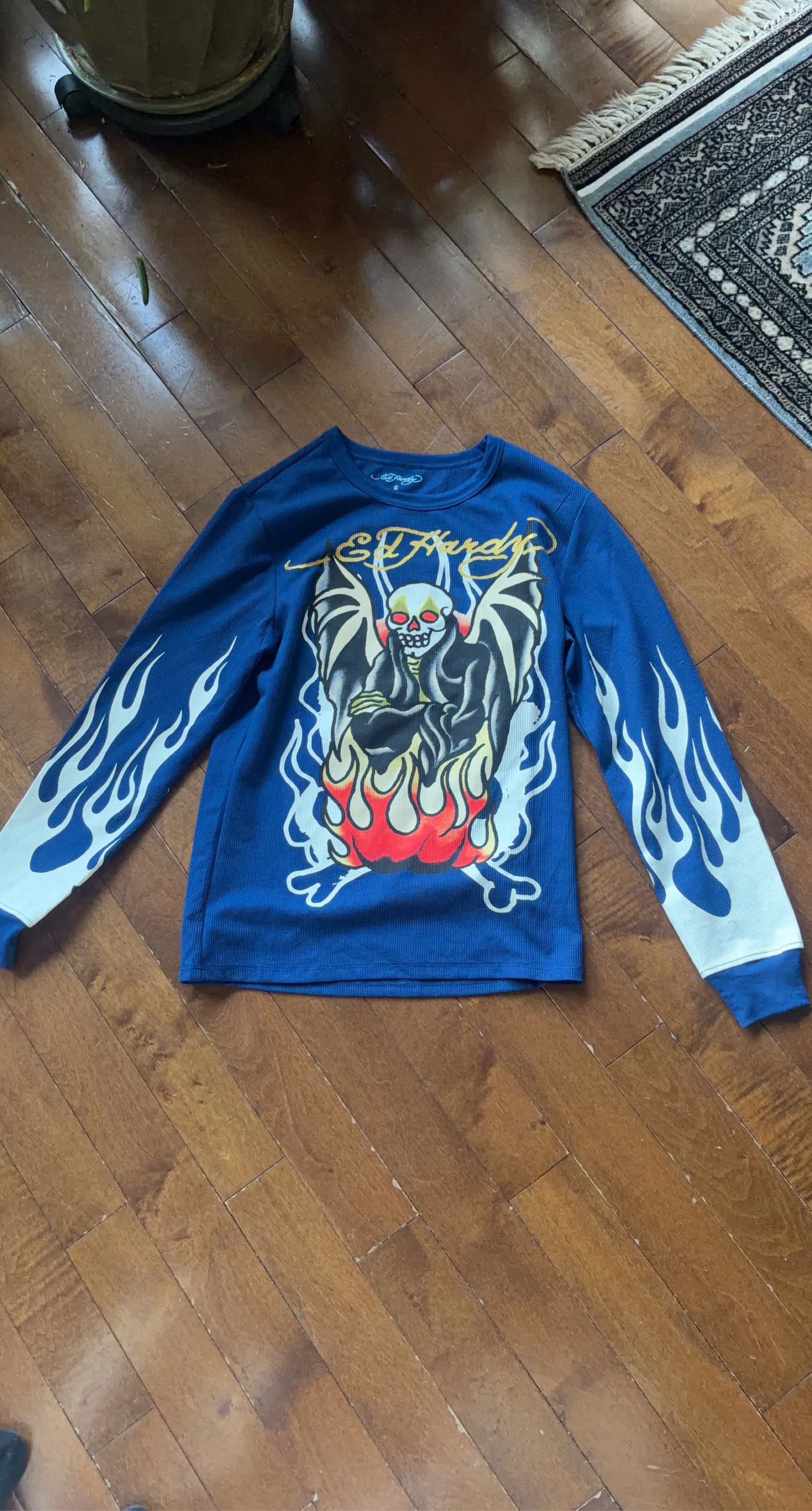 Ed Hardy Long Sleeve Shirt with Skull and Flames Graphic