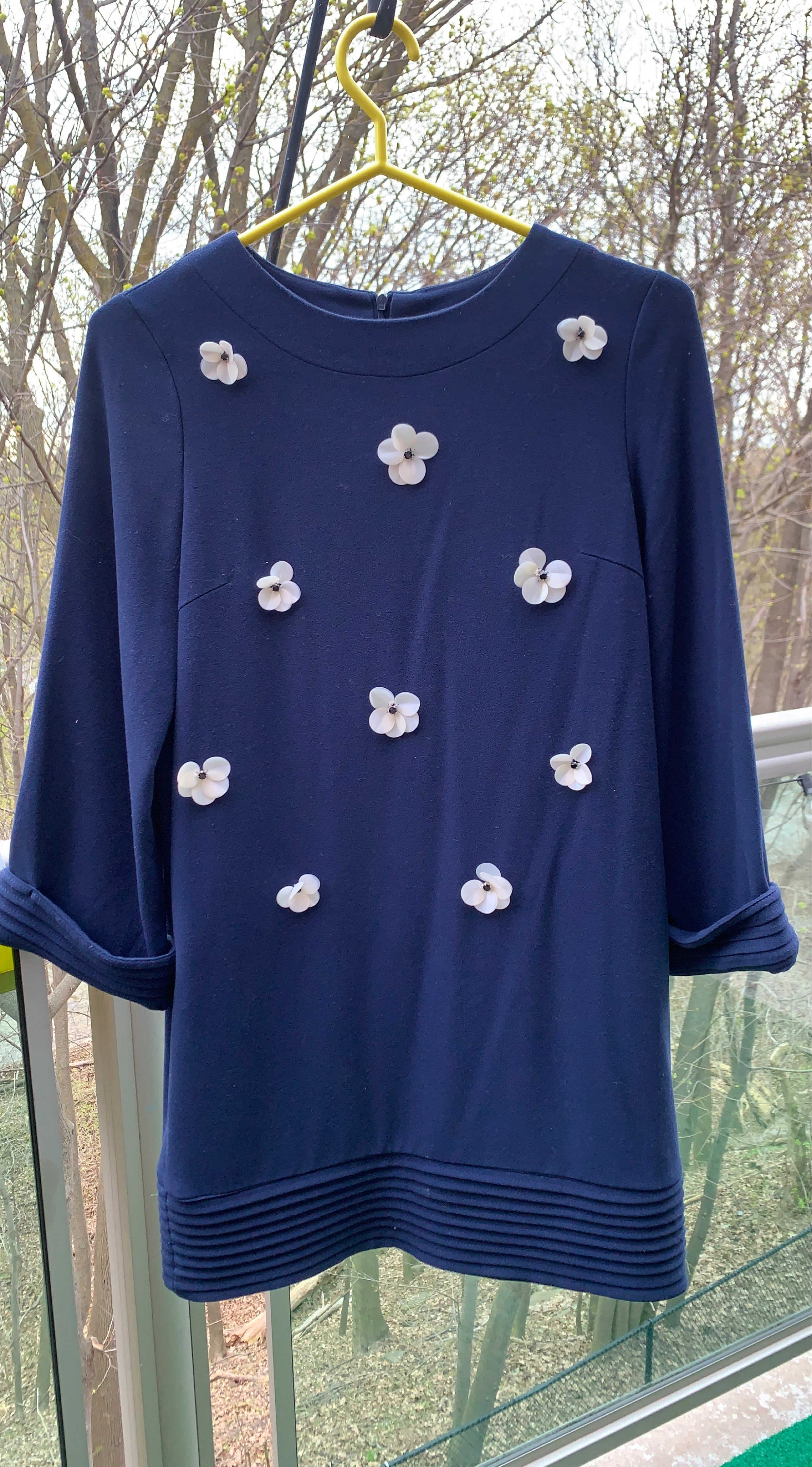JOYCE  Navy Blue Dress with White Floral Appliqués