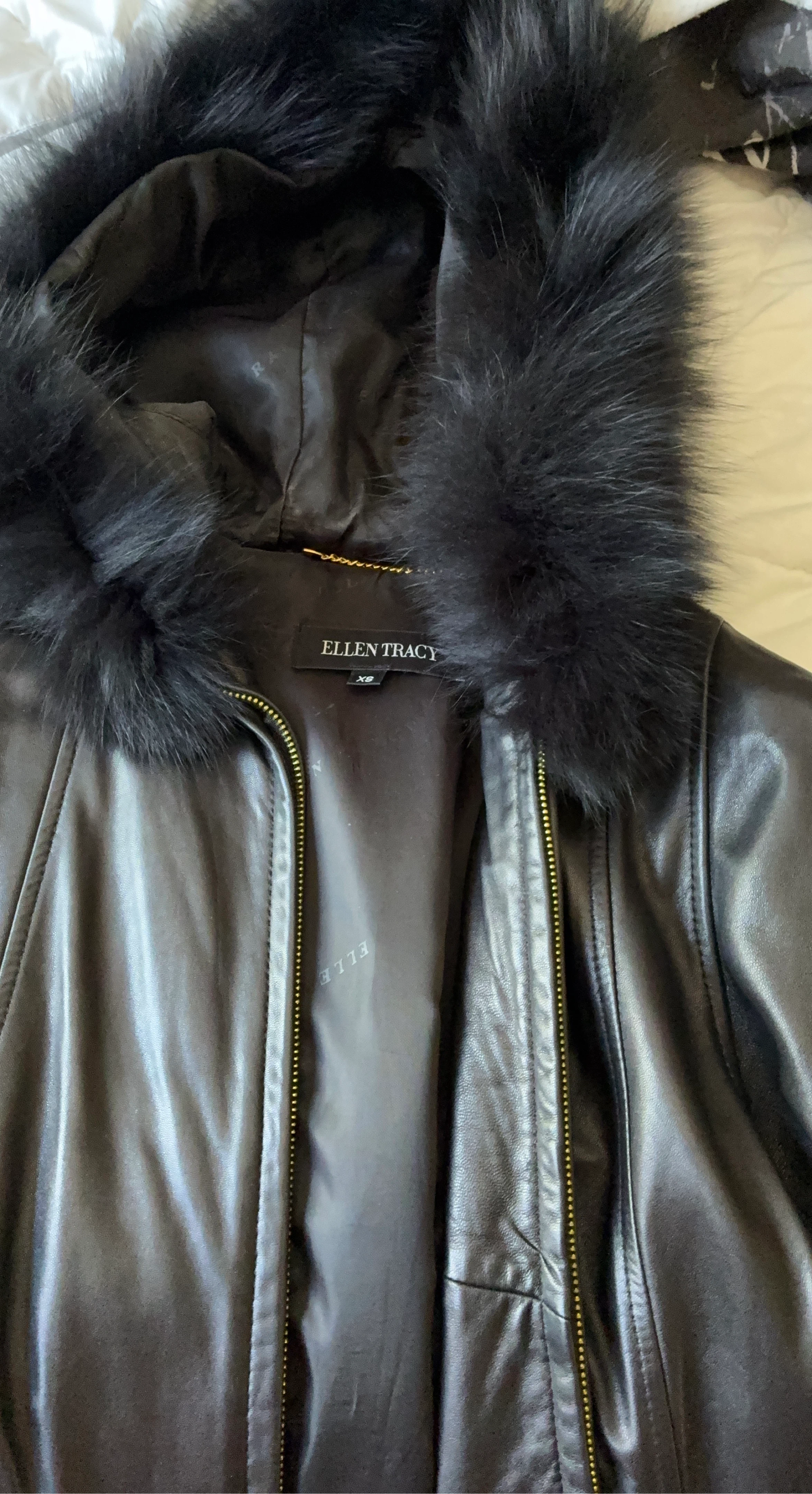 Ellen Tracy Black Leather Jacket with Fur Hood - XS