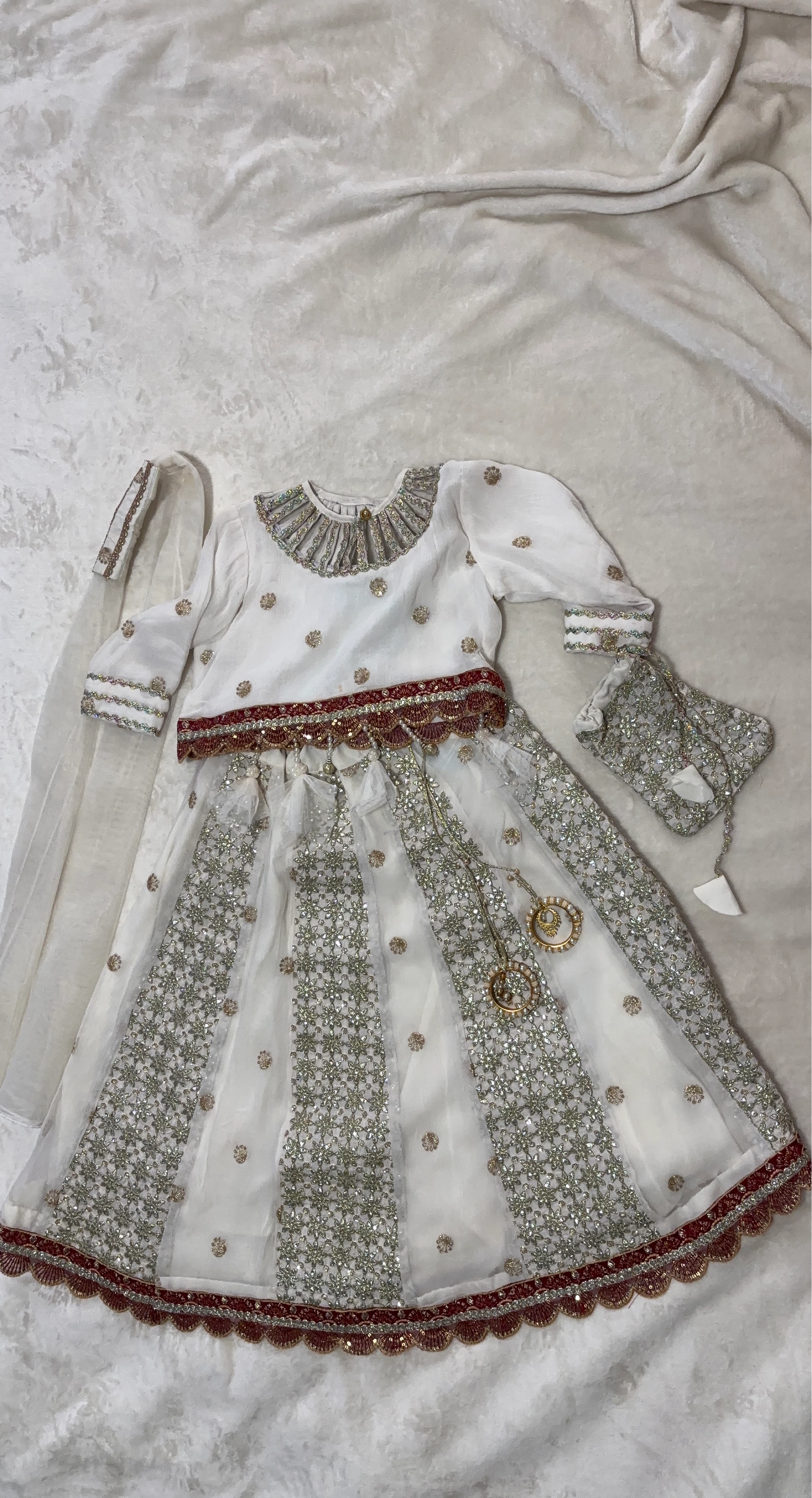White Embroidered Indian Dress with Dupatta and Bag