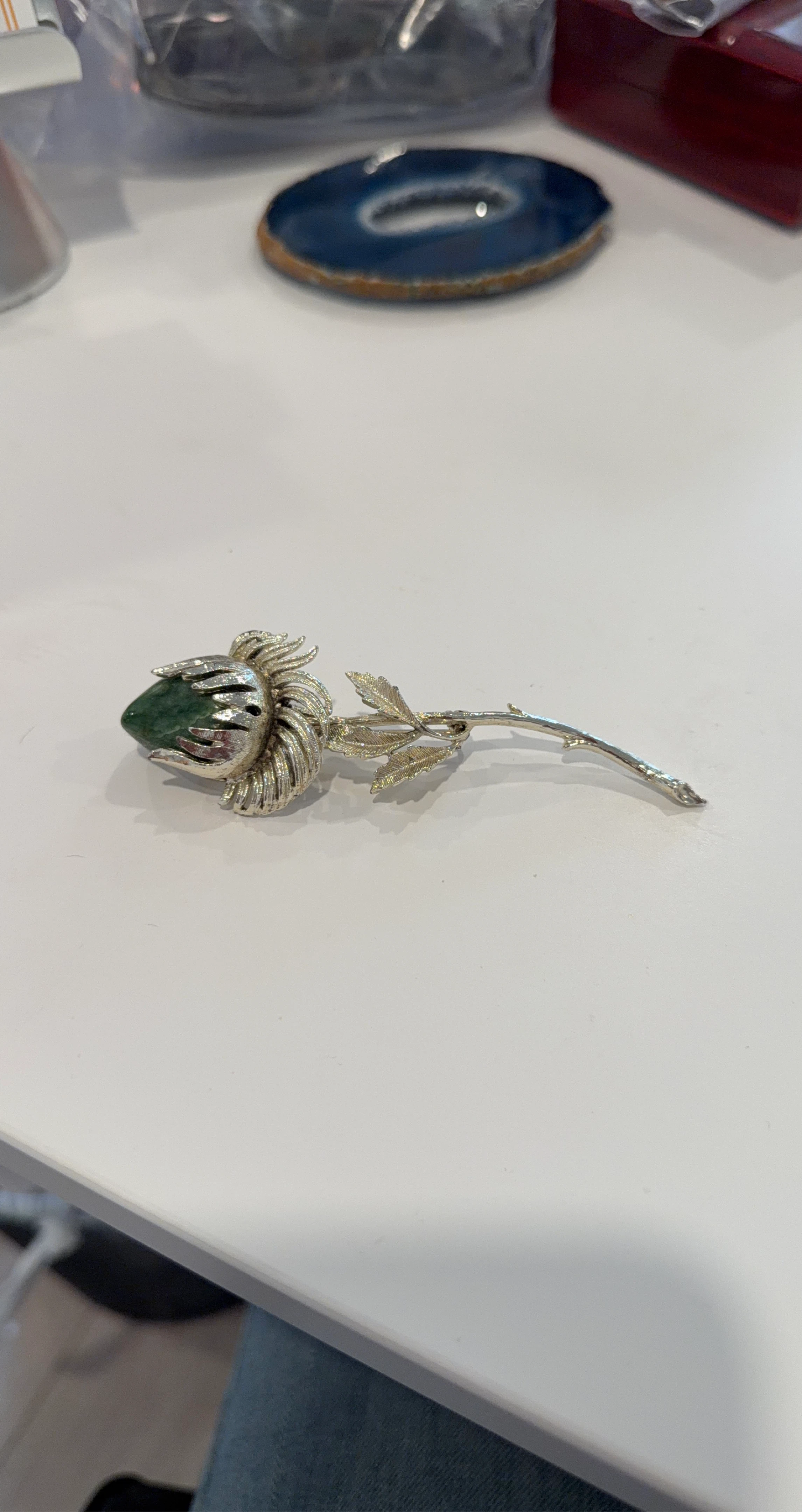 Silver Tone Rose Brooch with Green Stone
