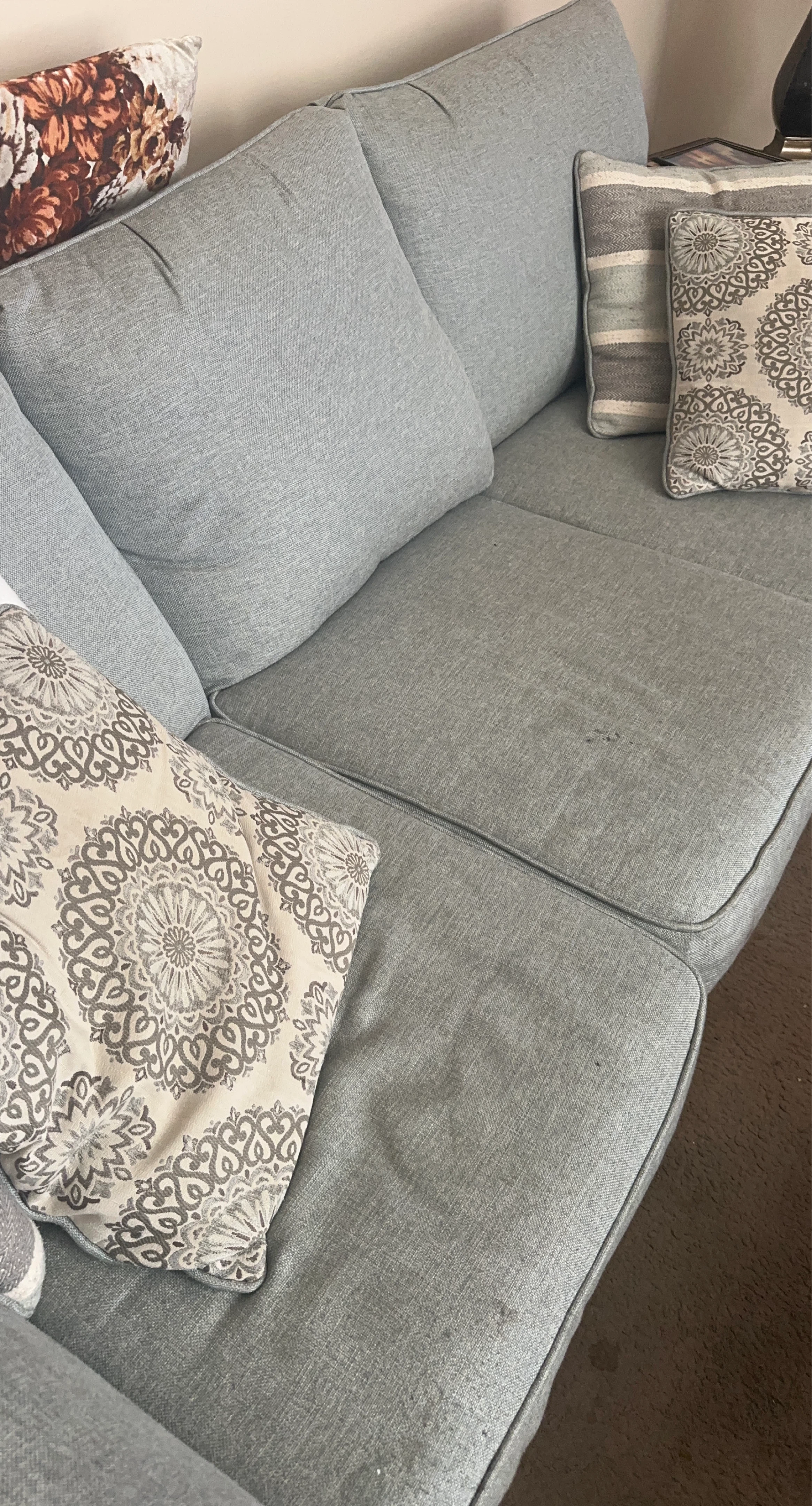 Light Grey Fabric Sofa with Accent Pillows