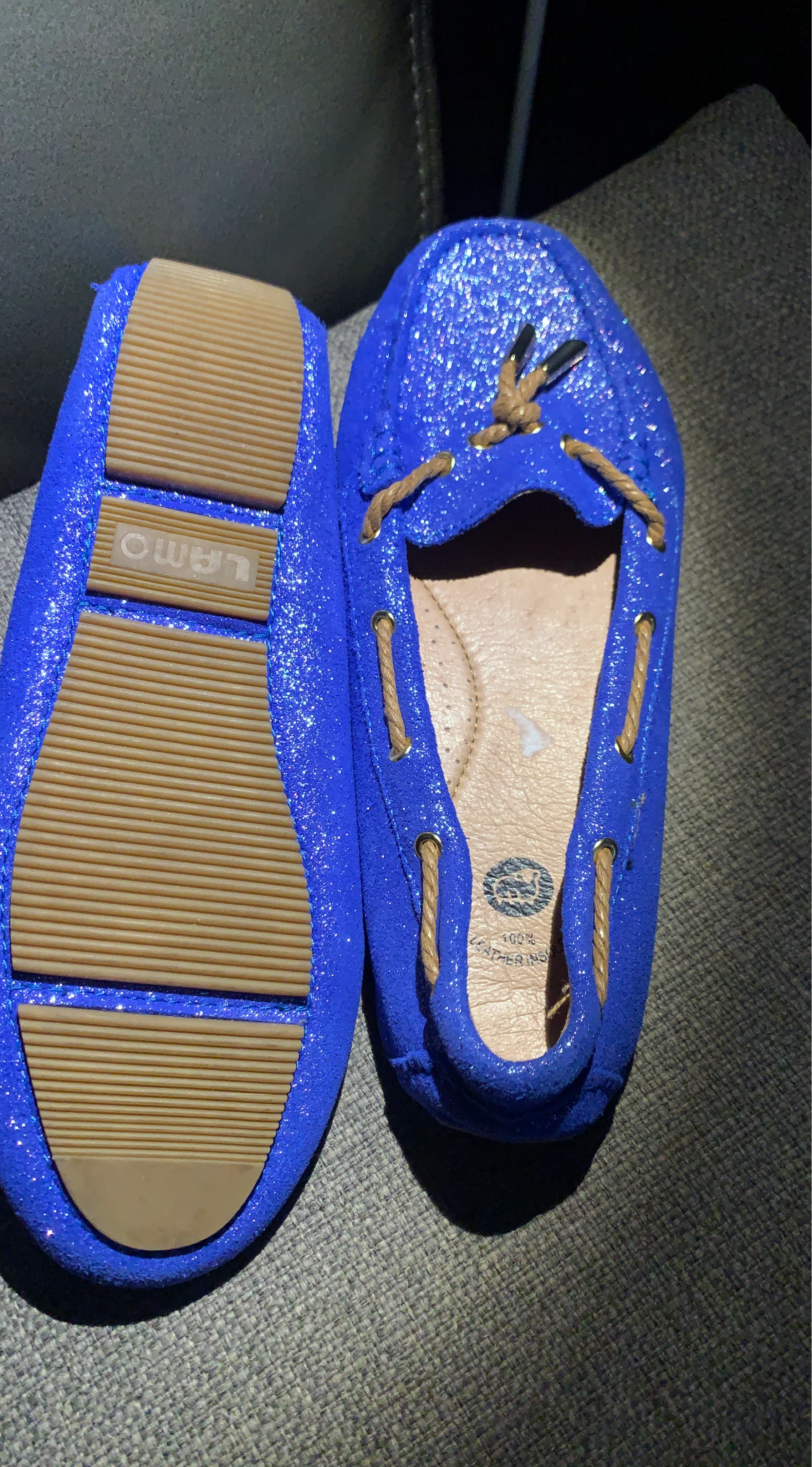 Ladies,Lamo Blue Glitter Moccasins (Leather)Size 8