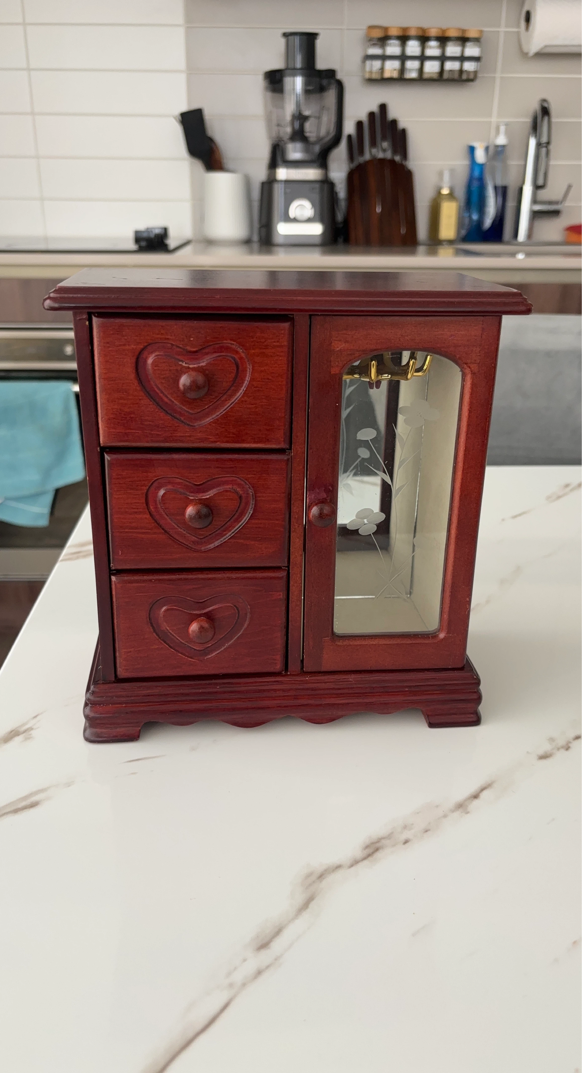 Wooden Jewellery Box with Heart Design Drawers
