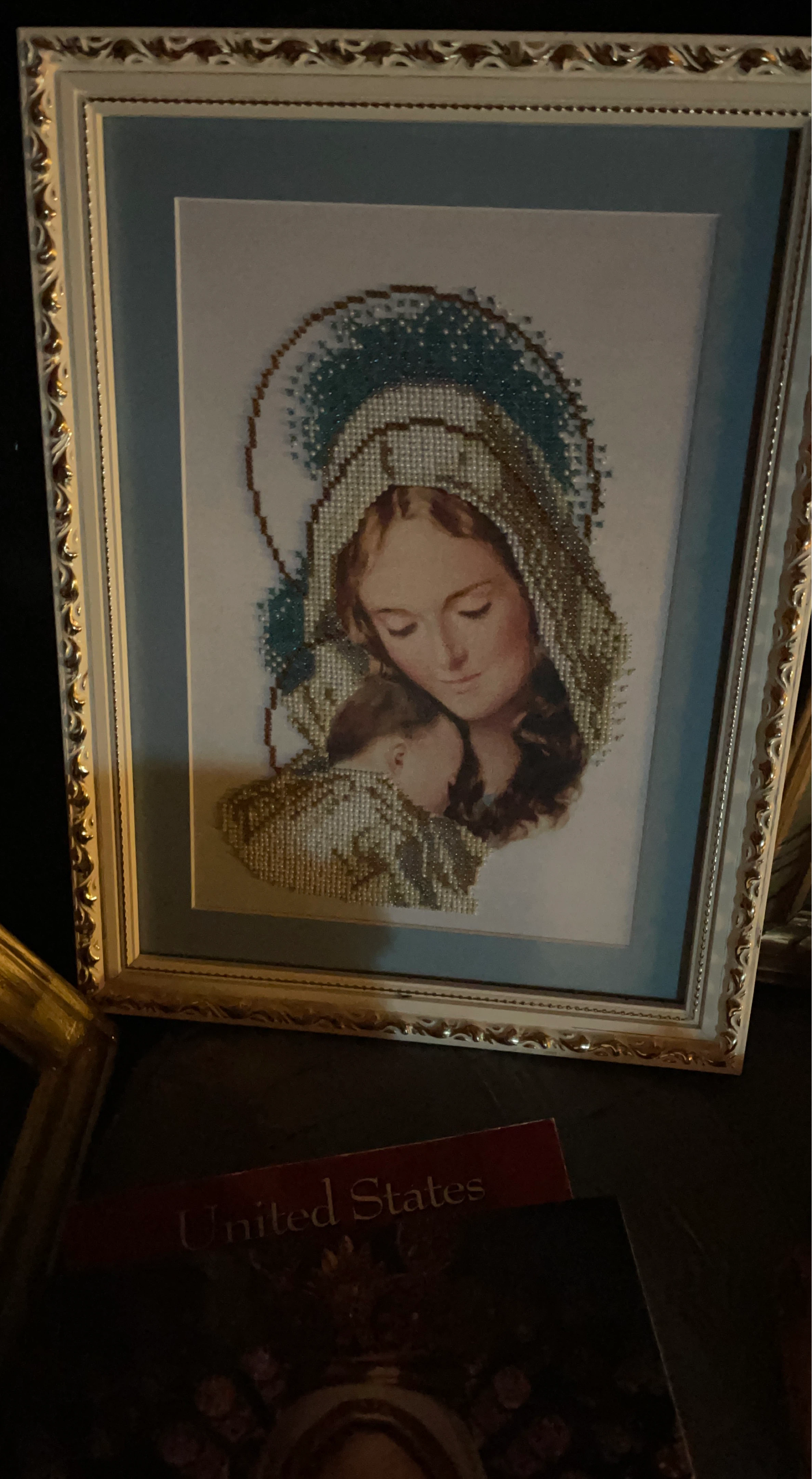 Framed Beaded Picture of Madonna and Child