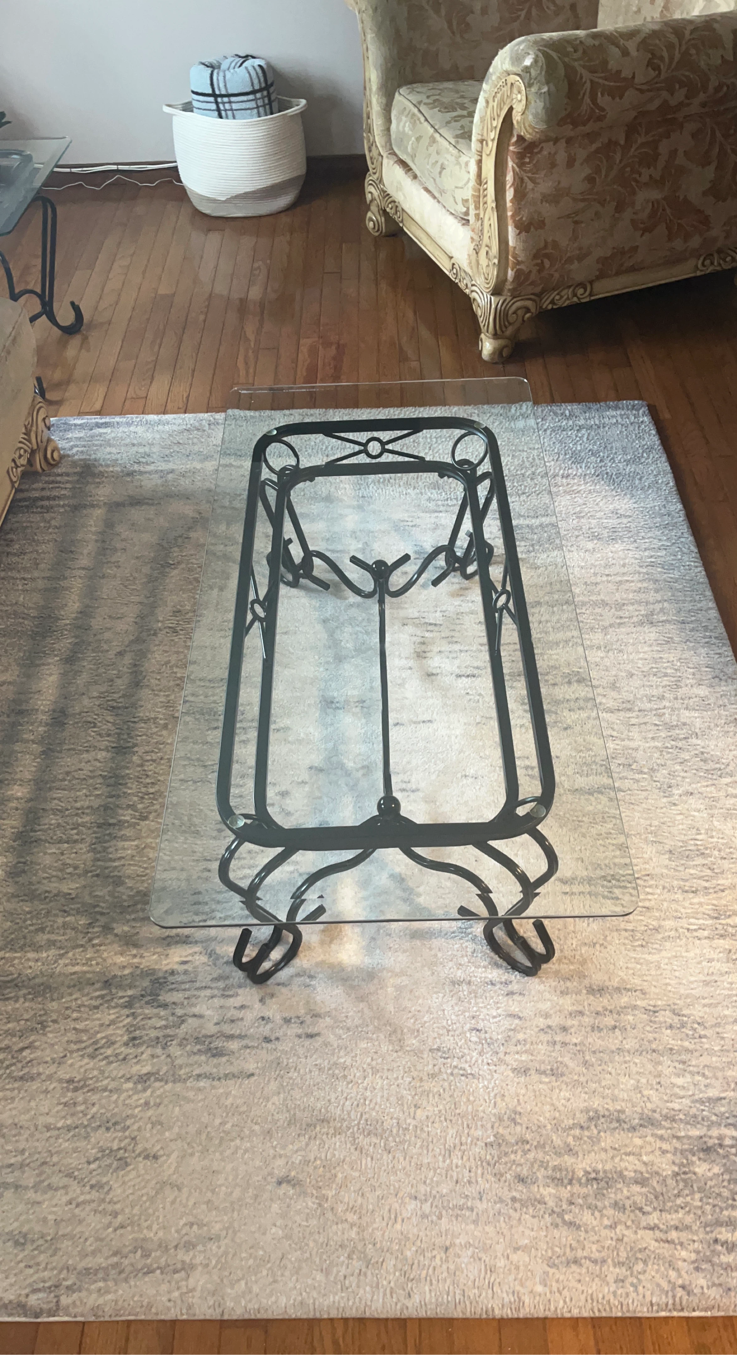 Glass Top Coffee Table with Ornate Metal Base