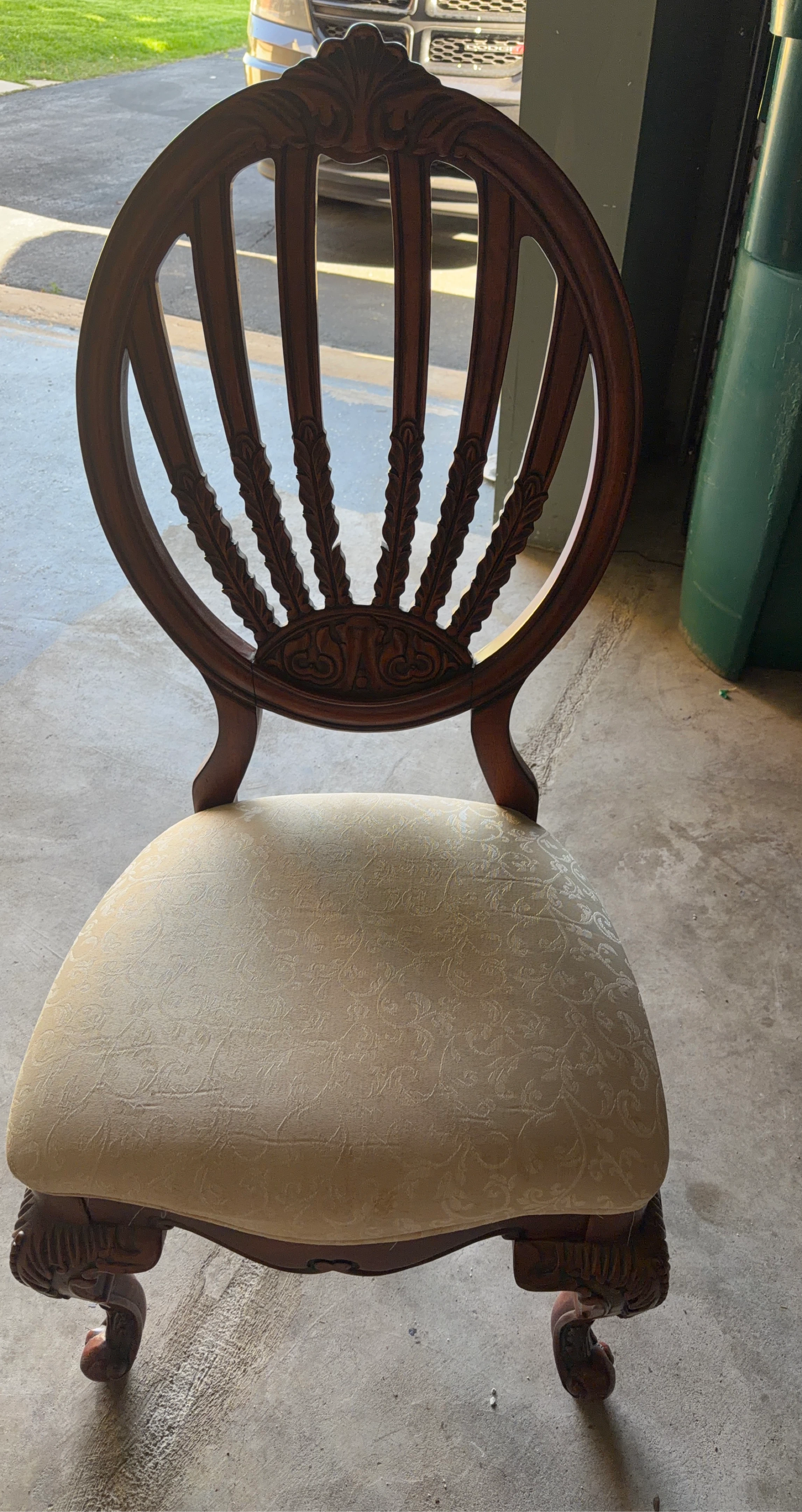 Vintage Ornate Wood Dining Chair - Beige Upholstery