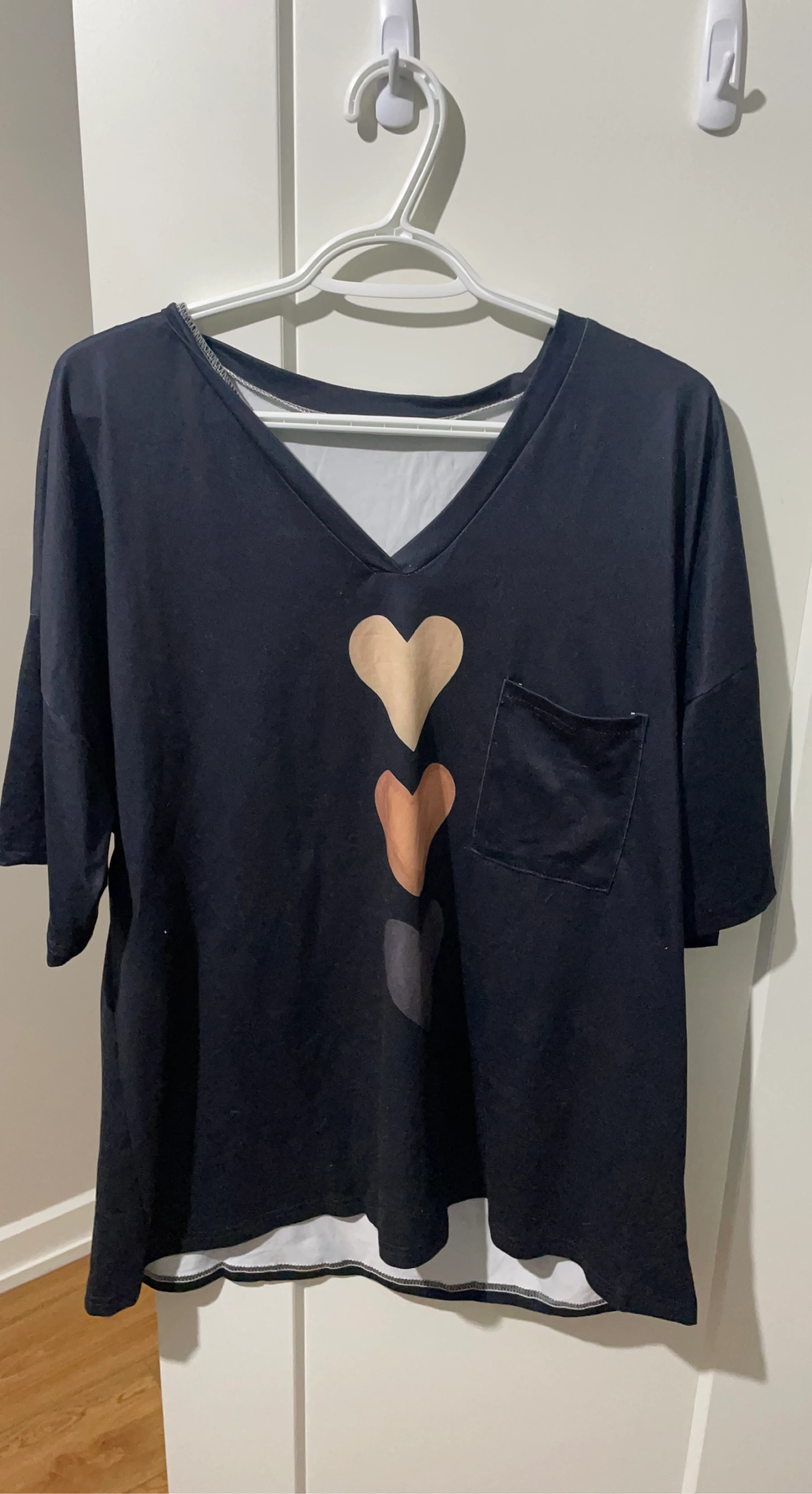 Black V-Neck T-Shirt with Heart Print
