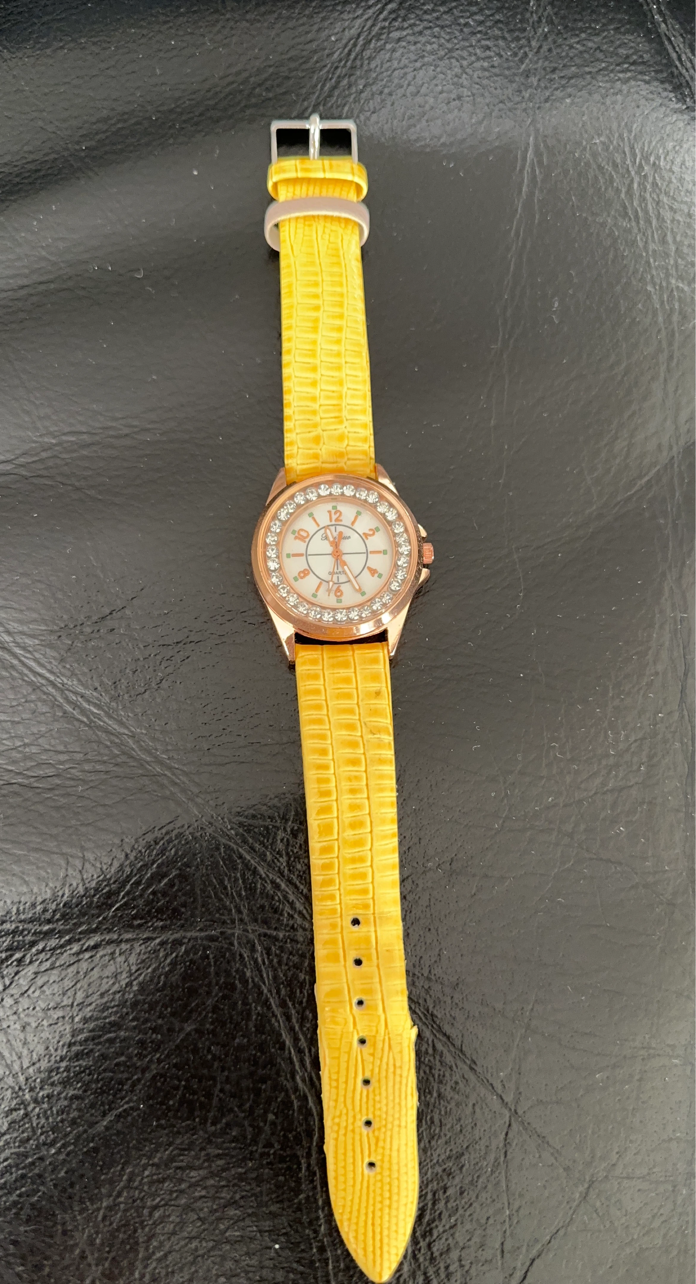 Yellow Faux Croc Strap Watch with Rhinestone Bezel