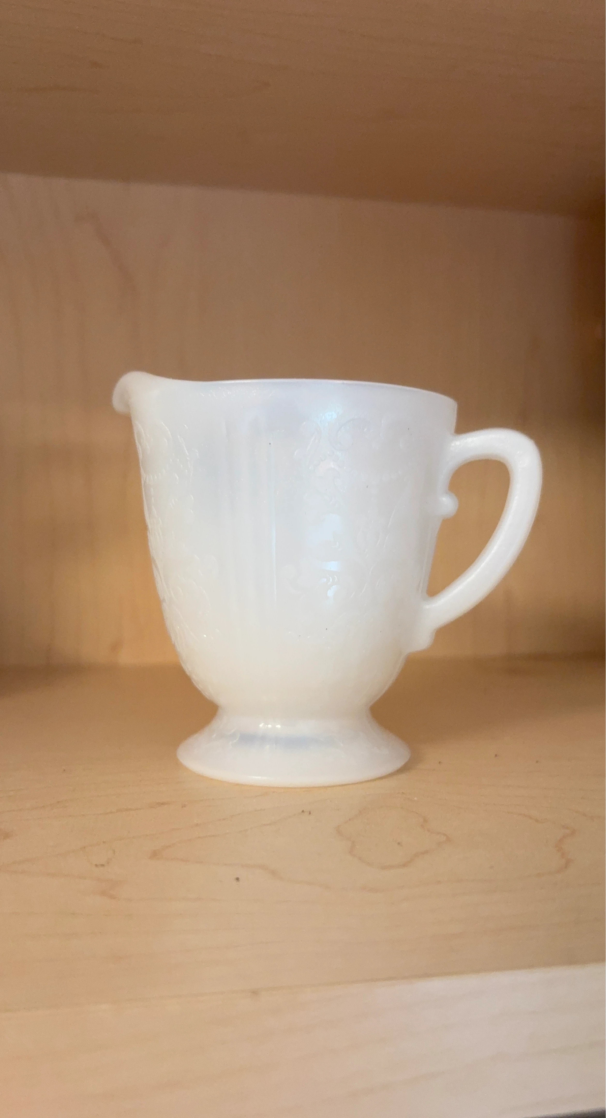 White Milk Glass Creamer Pitcher with Floral Embossing