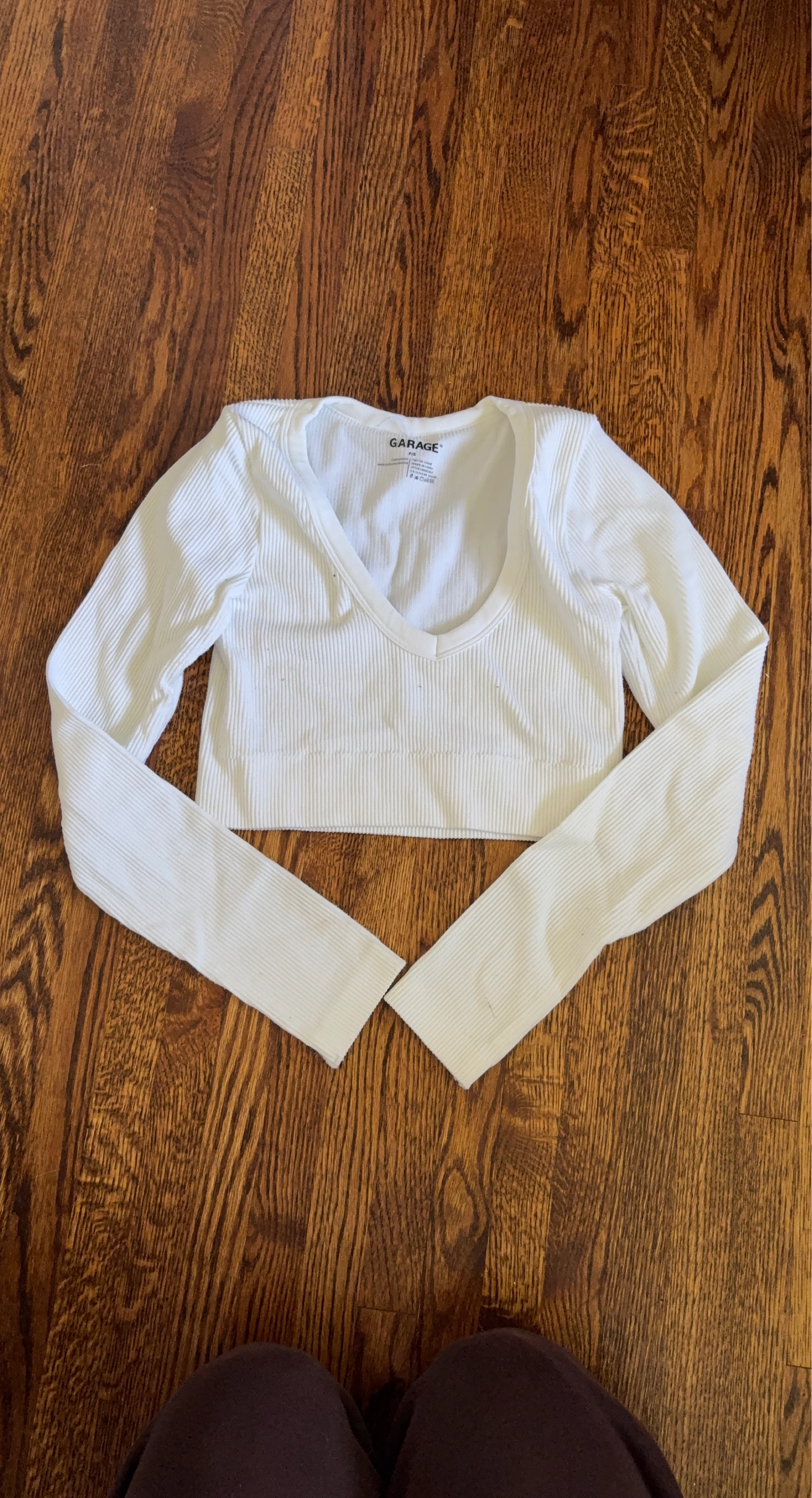 Garage White Ribbed Long Sleeve Crop Top