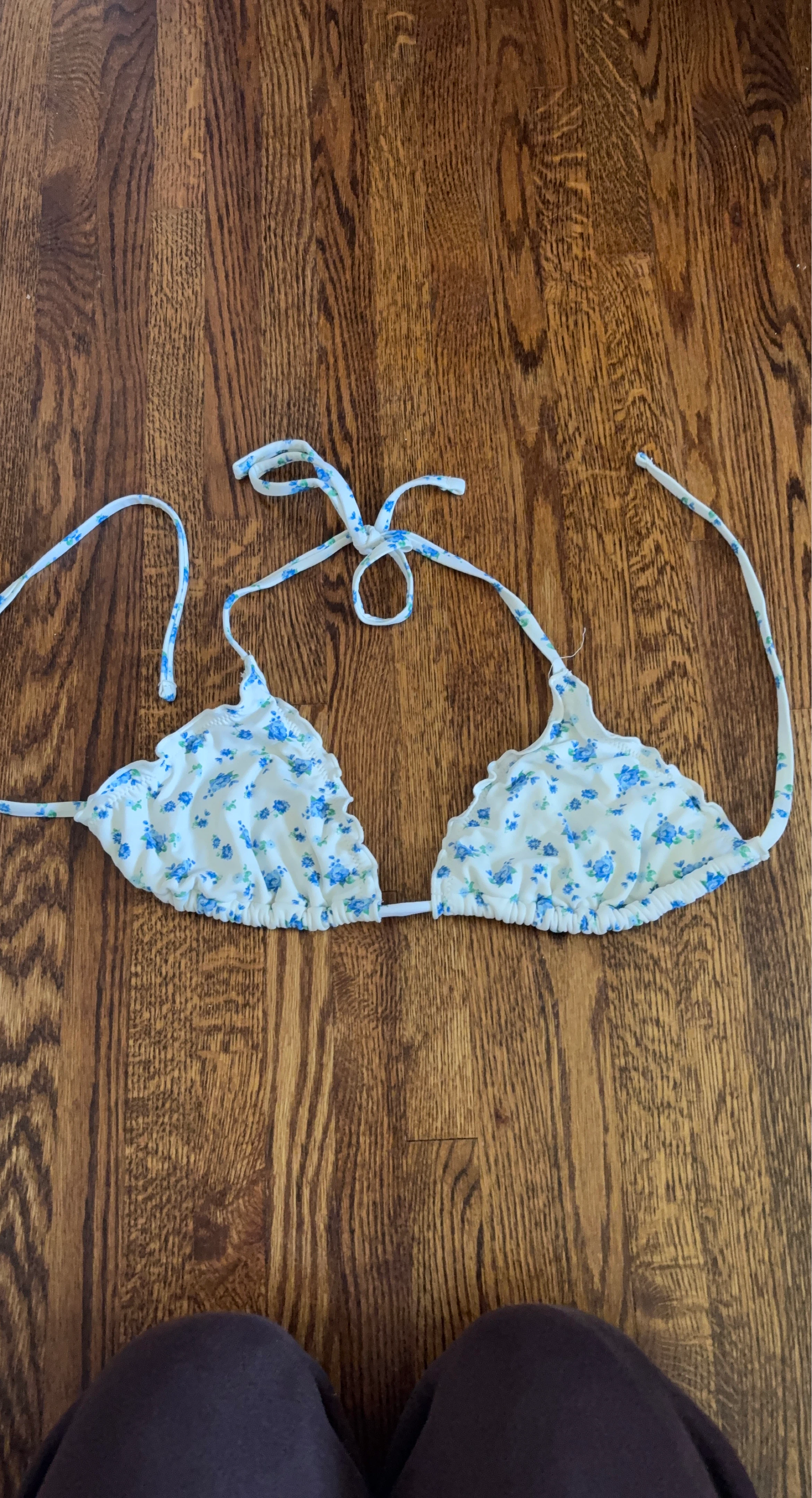 White and Blue Floral Bikini Top