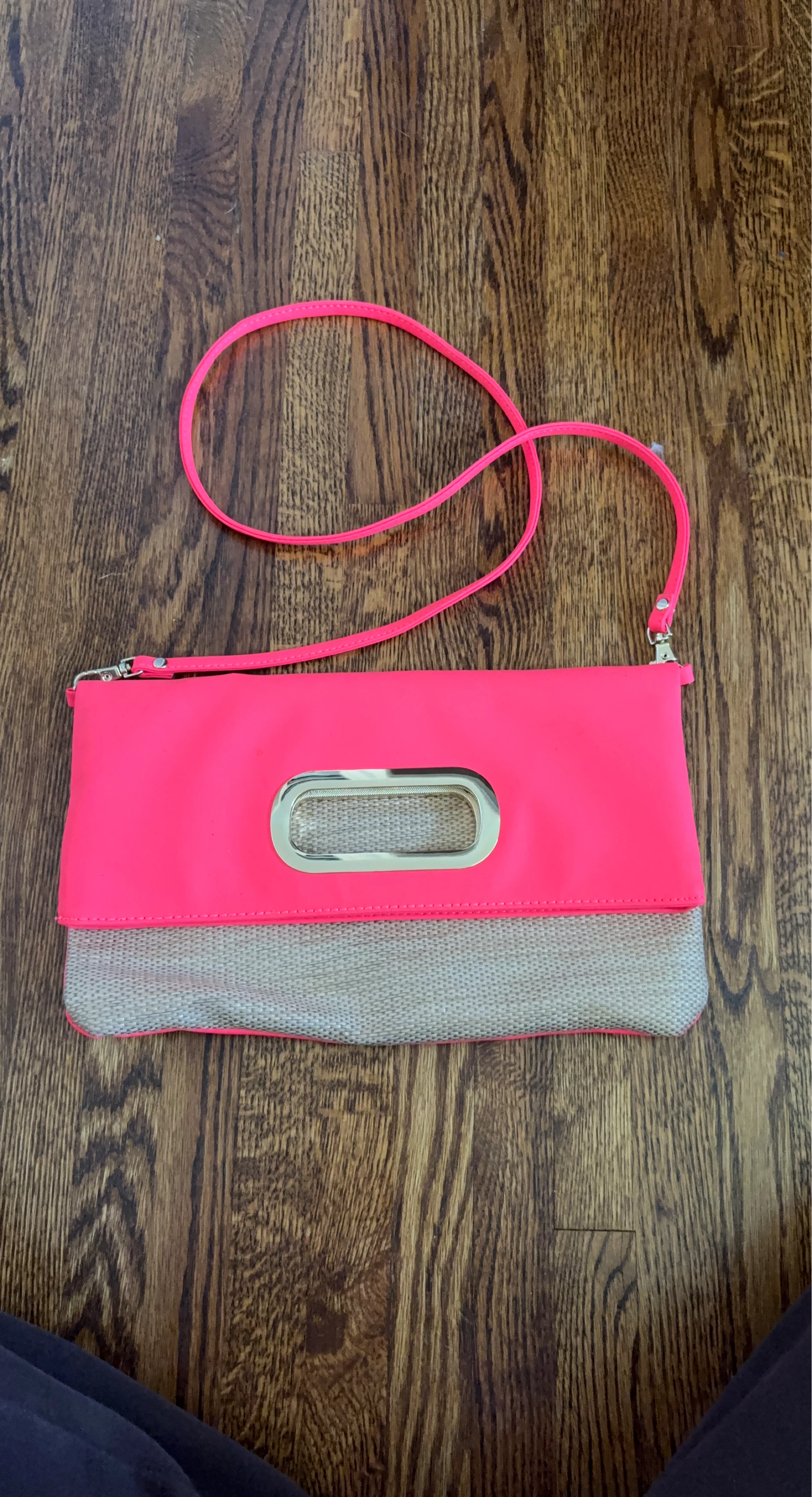 Bright Pink Clutch Purse with Tan Woven Detail