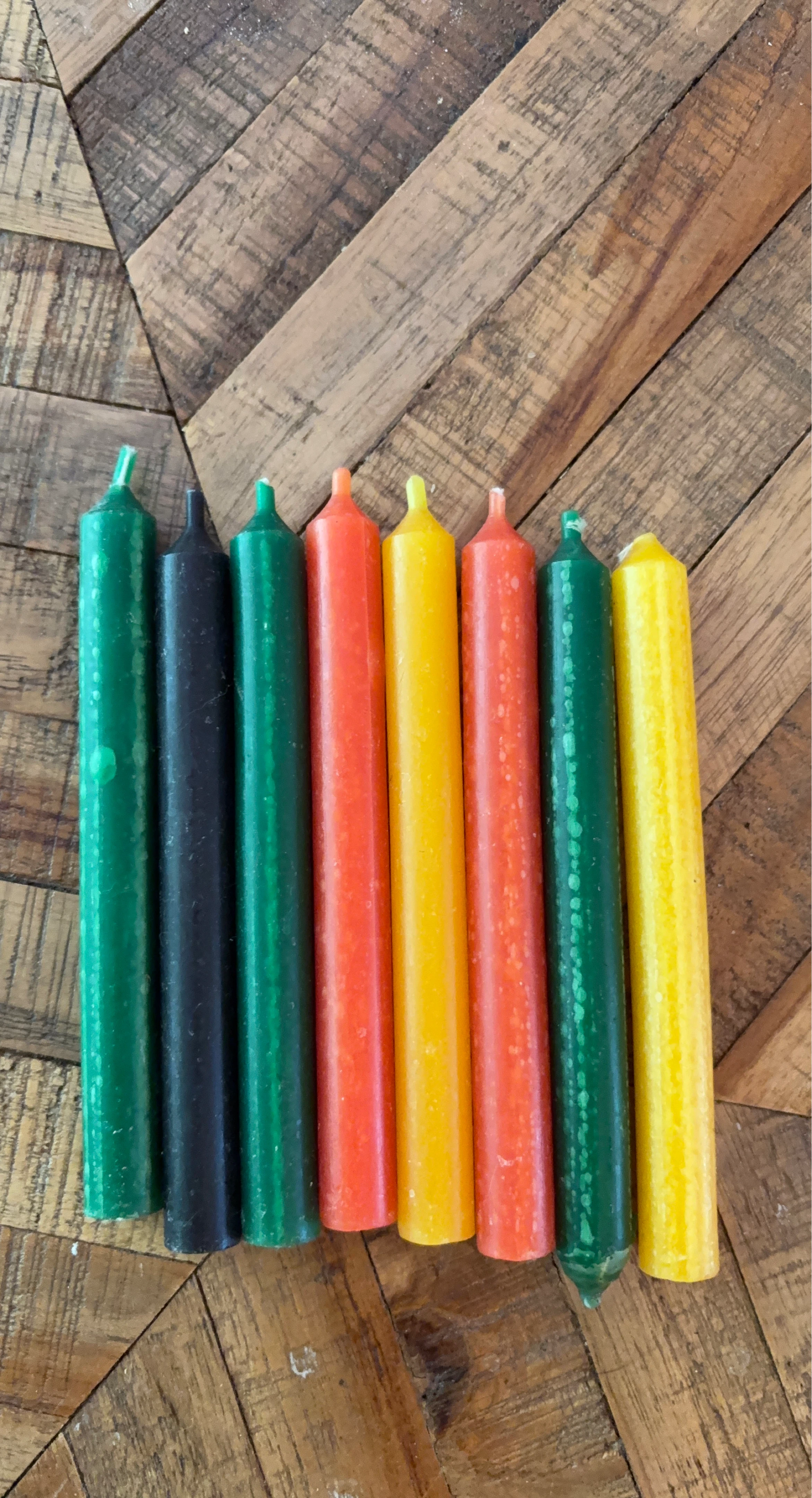 Set of 8 Taper Candles - Green, Black, Orange, Yellow