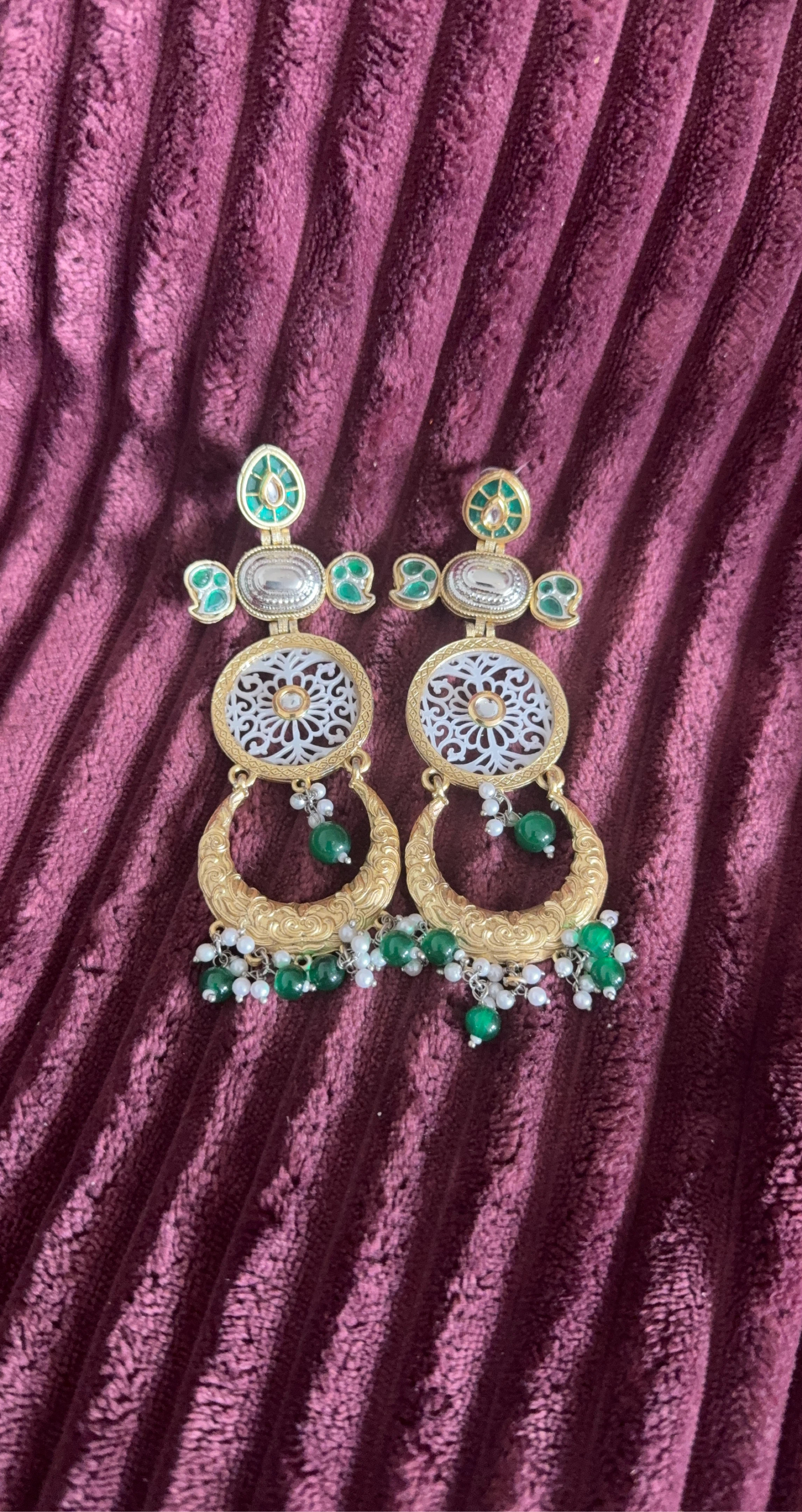 Gold Toned Earrings with Green and White Stones