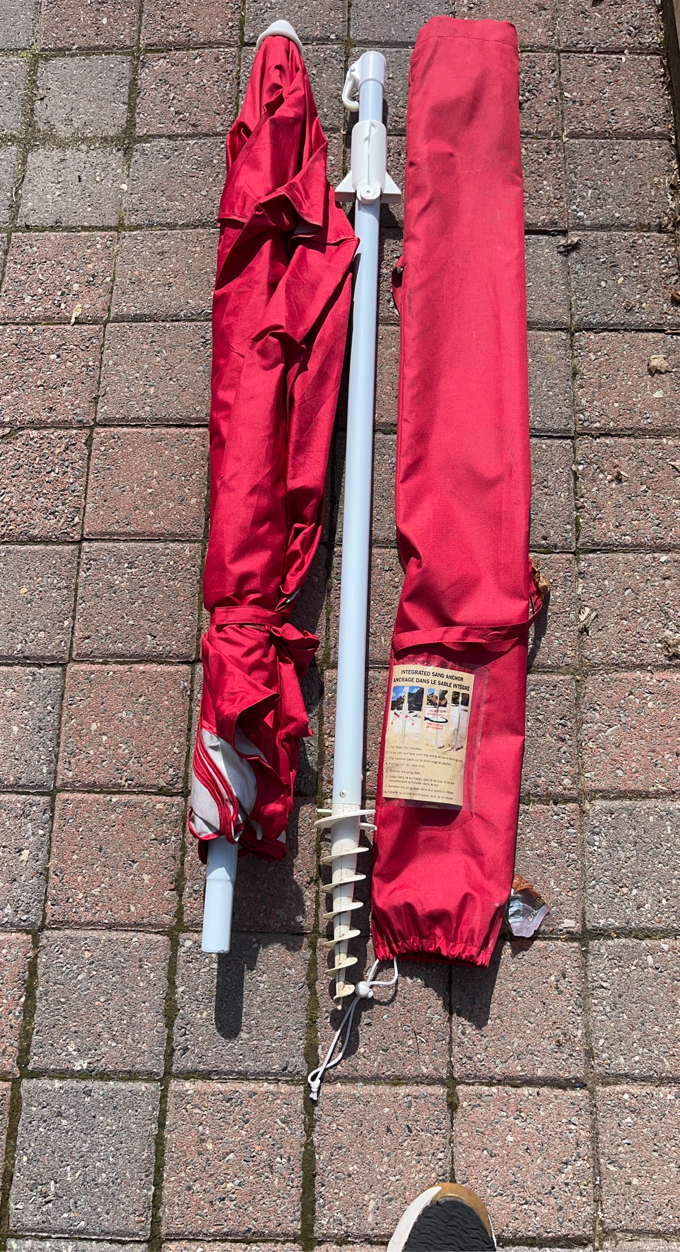 Red Beach Umbrella with Integrated Sand Anchor