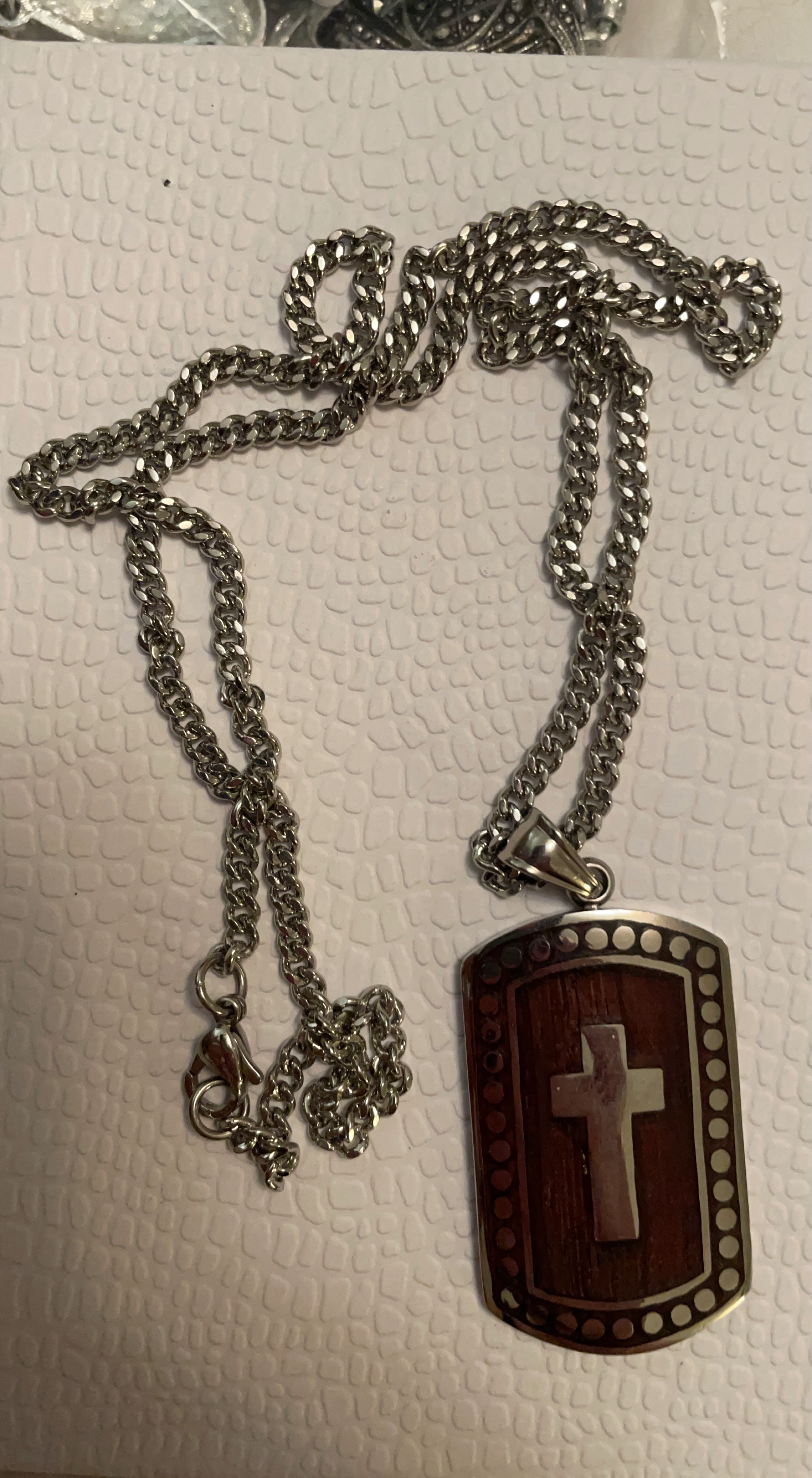 Silver Chain Necklace with Wooden Cross Pendant