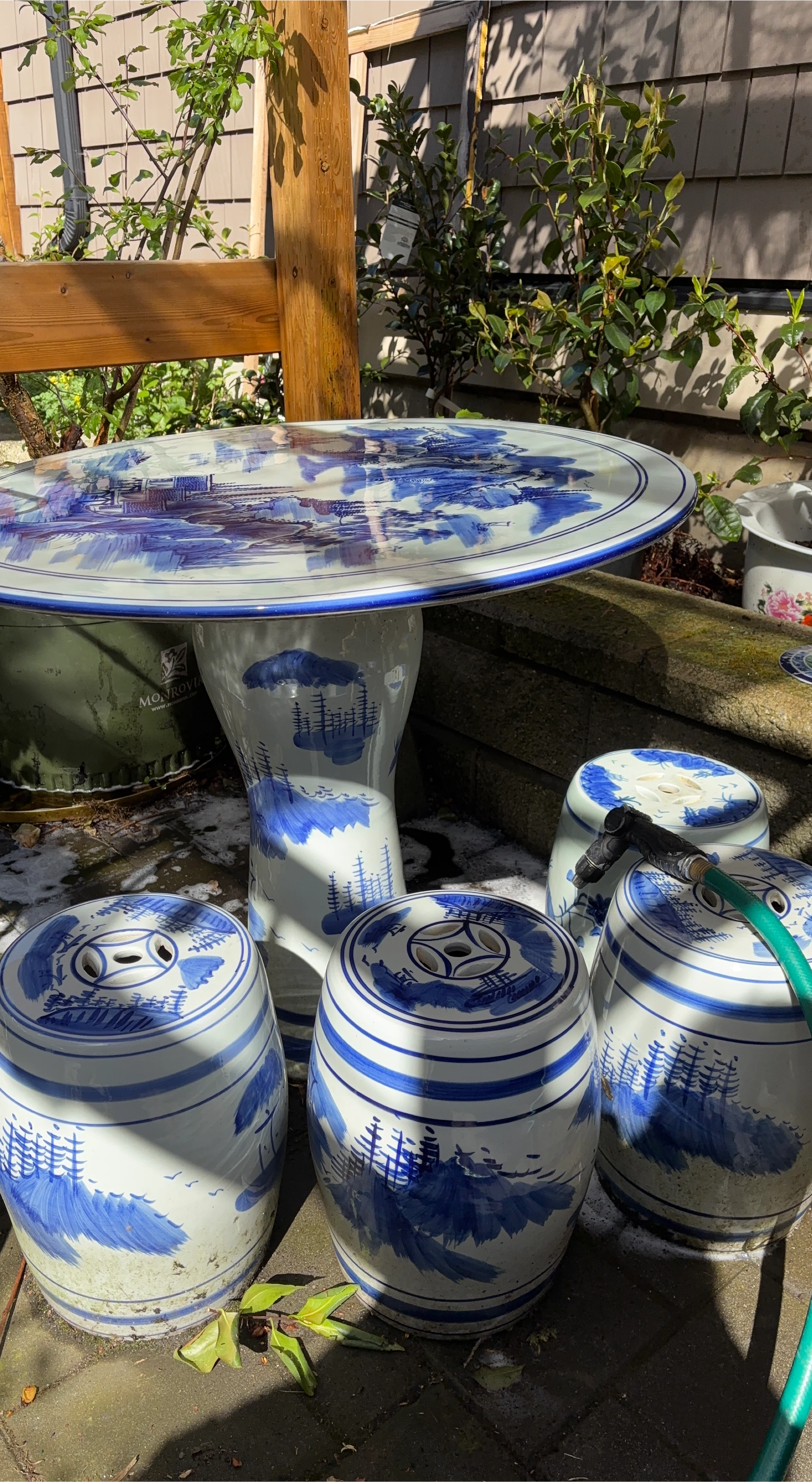 Blue and White Ceramic Garden Stool and Table Set