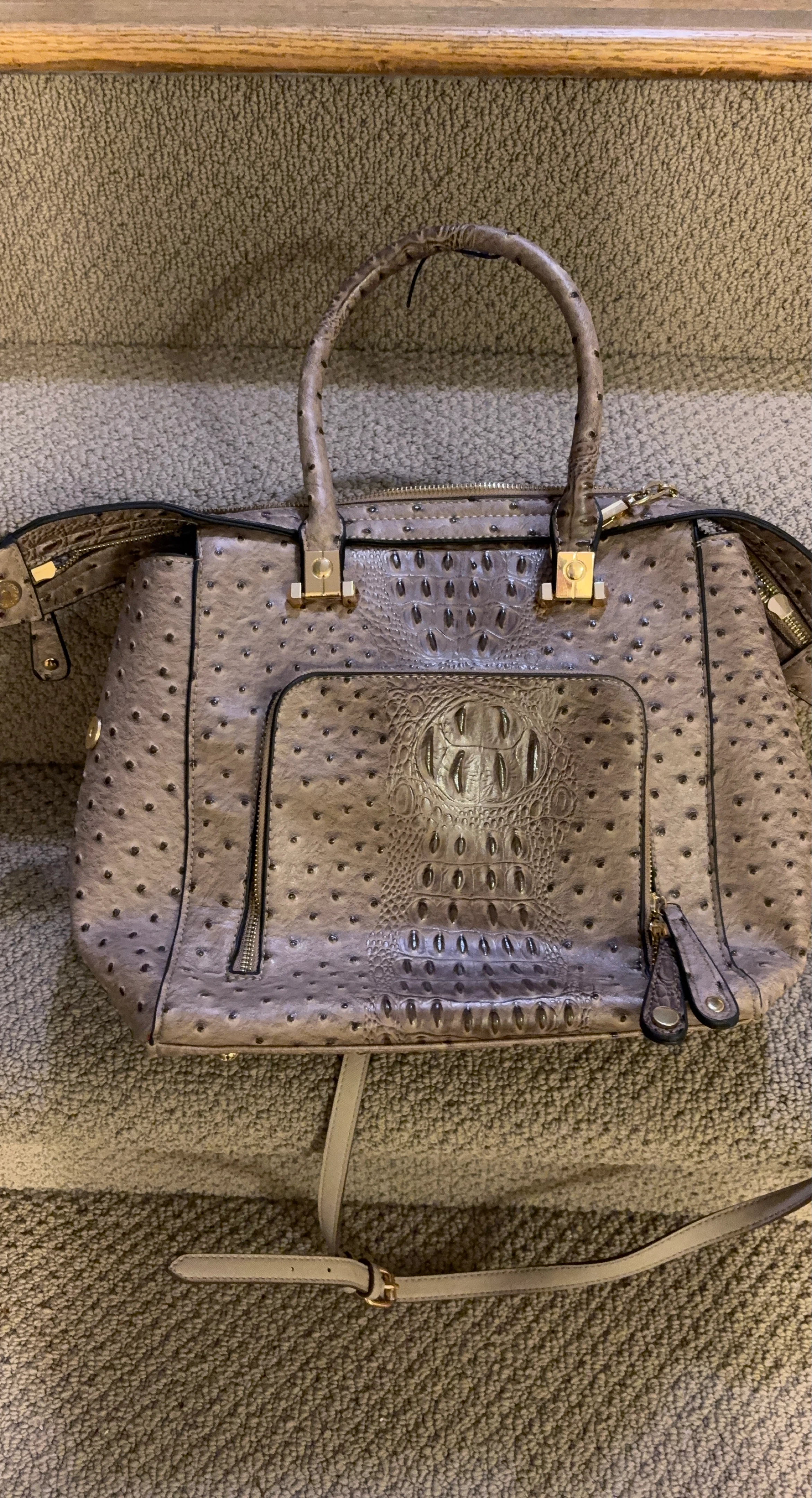 Taupe Ostrich Embossed Satchel Handbag