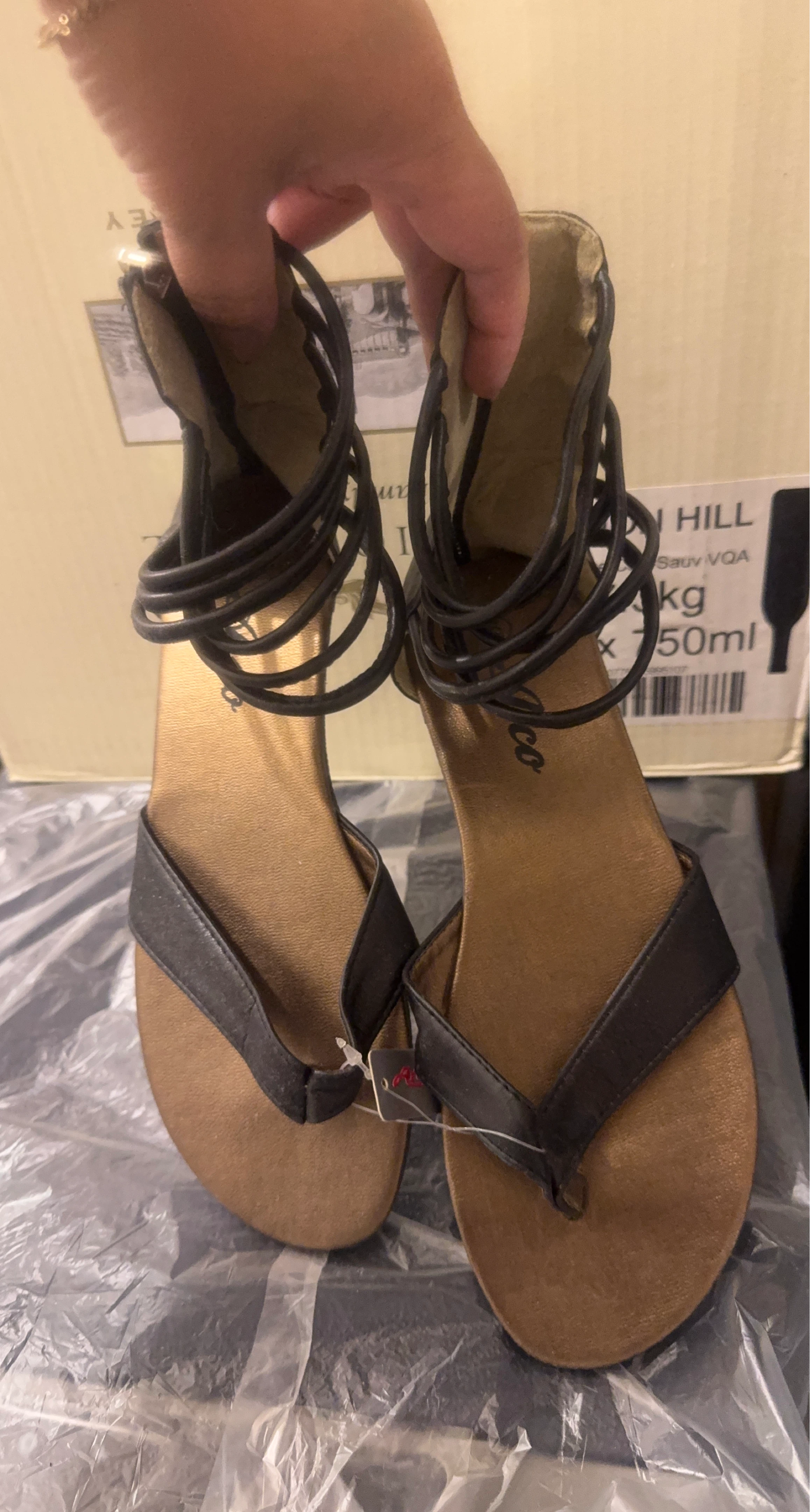 A.co Strappy Gladiator Sandals - Black & Gold, Size 6