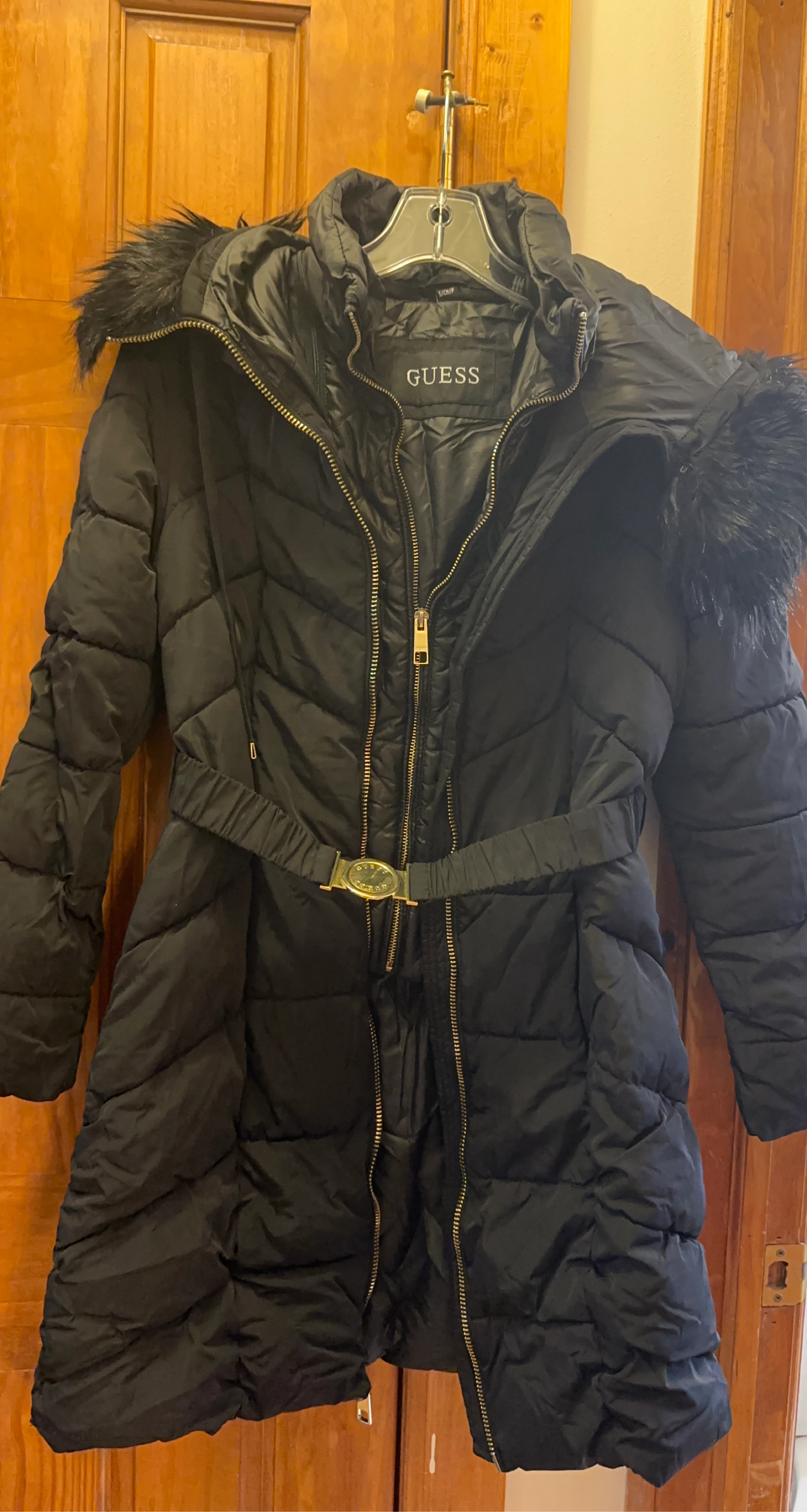 GUESS Black Puffer Coat with Fur Trim Hood