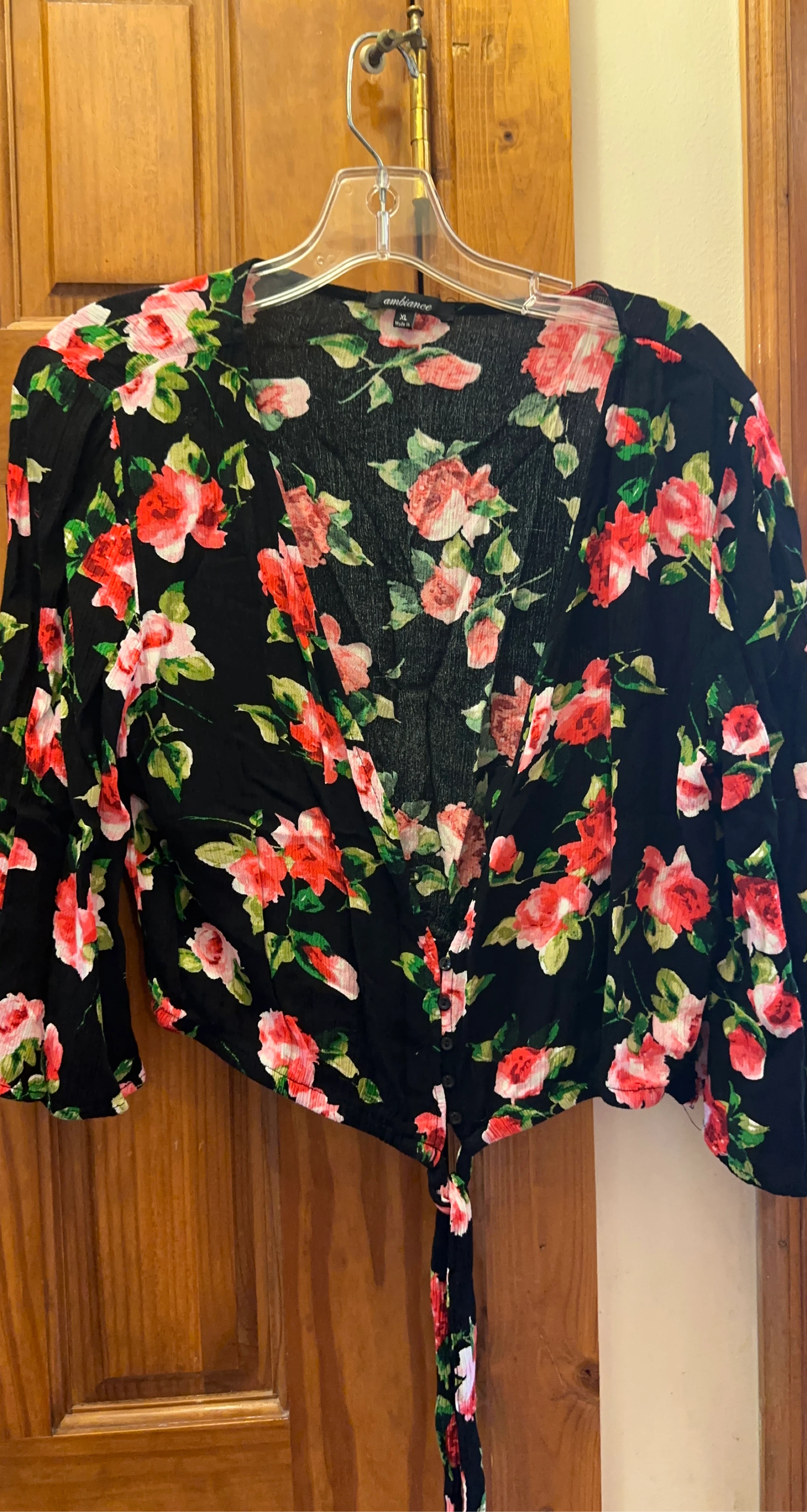 Ambiance Black Floral Tie-Front Blouse XL