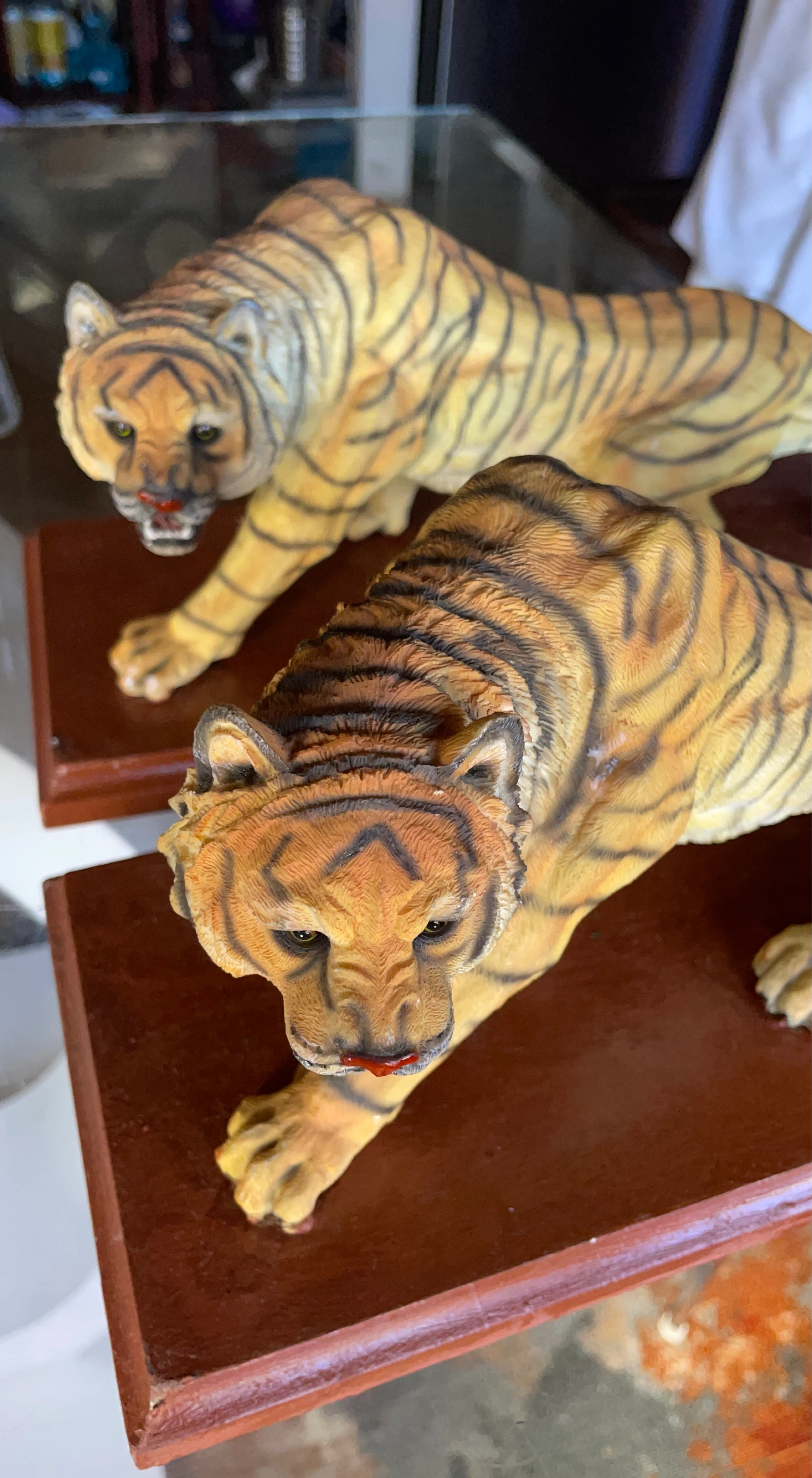 Set of 2 Tiger Figurines on Wooden Bases