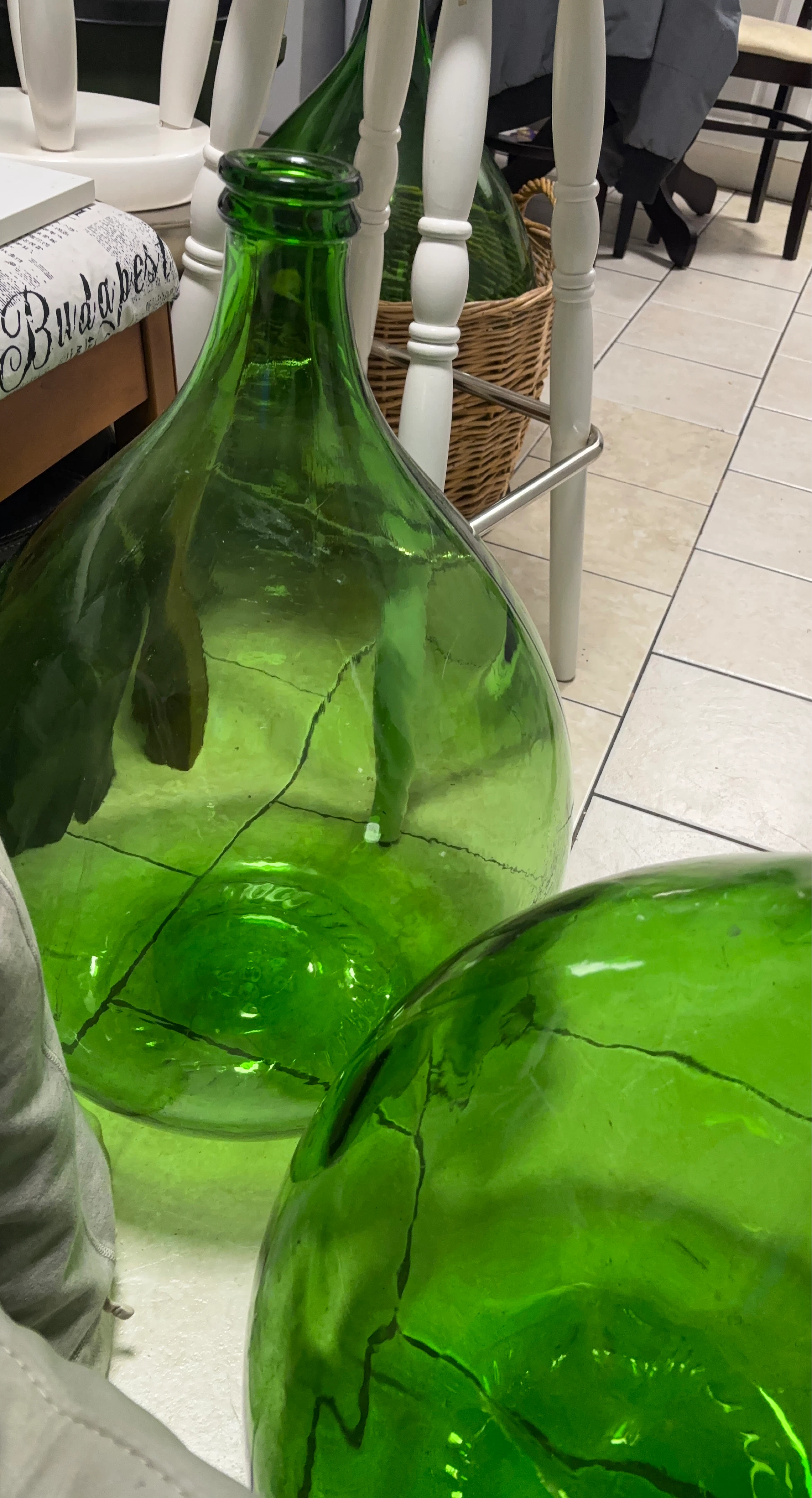 Large Green Glass Demijohn Bottle
