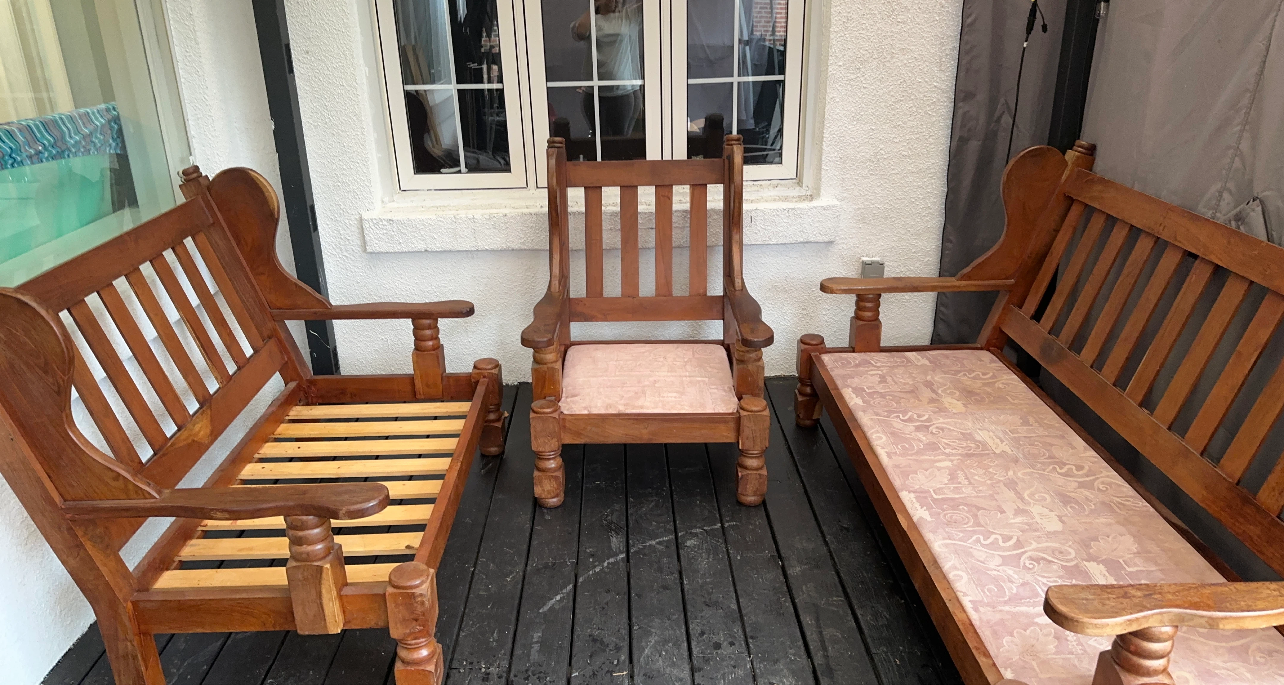 Wooden Bench and Armchair Set