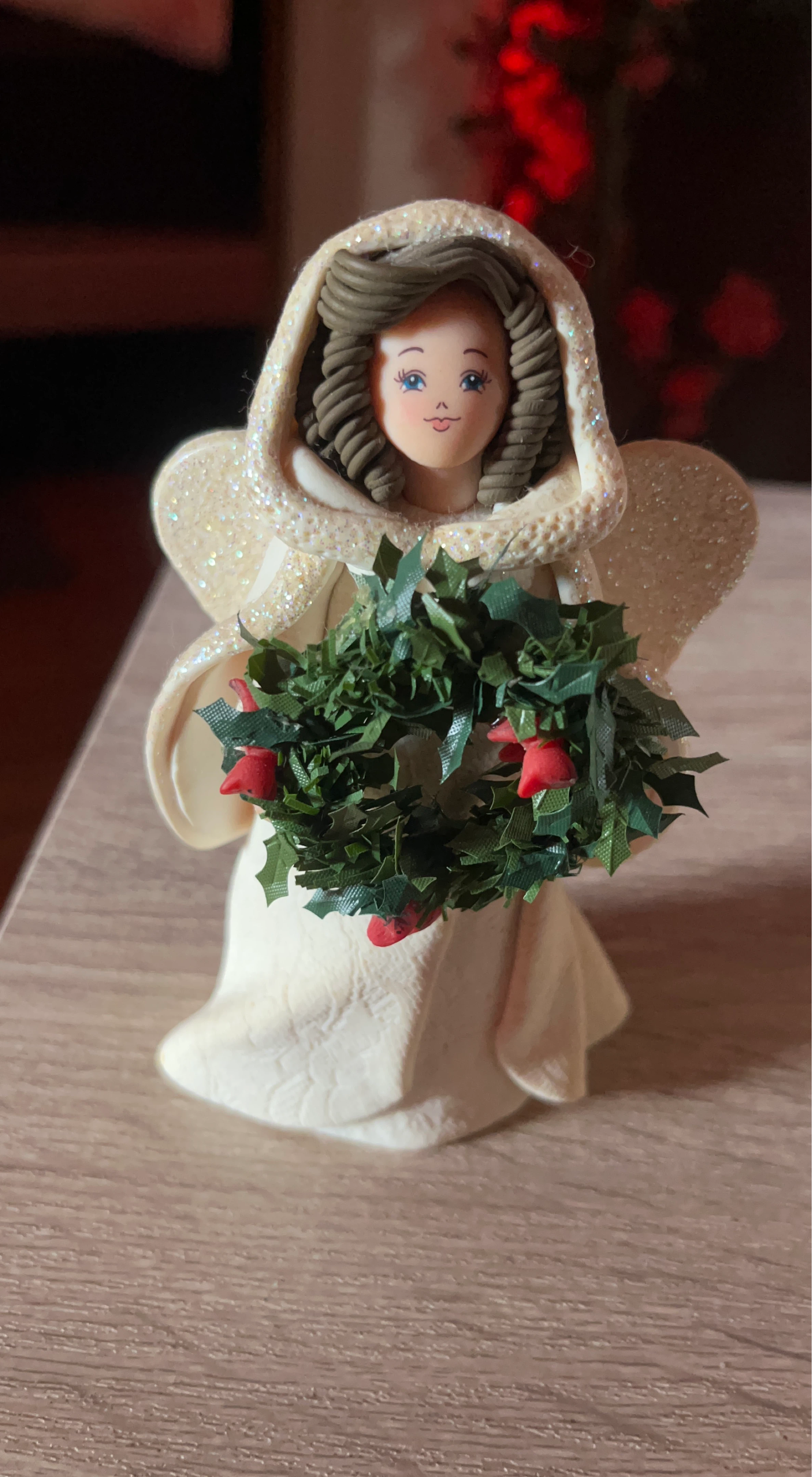 Angel Figurine with Holly Wreath