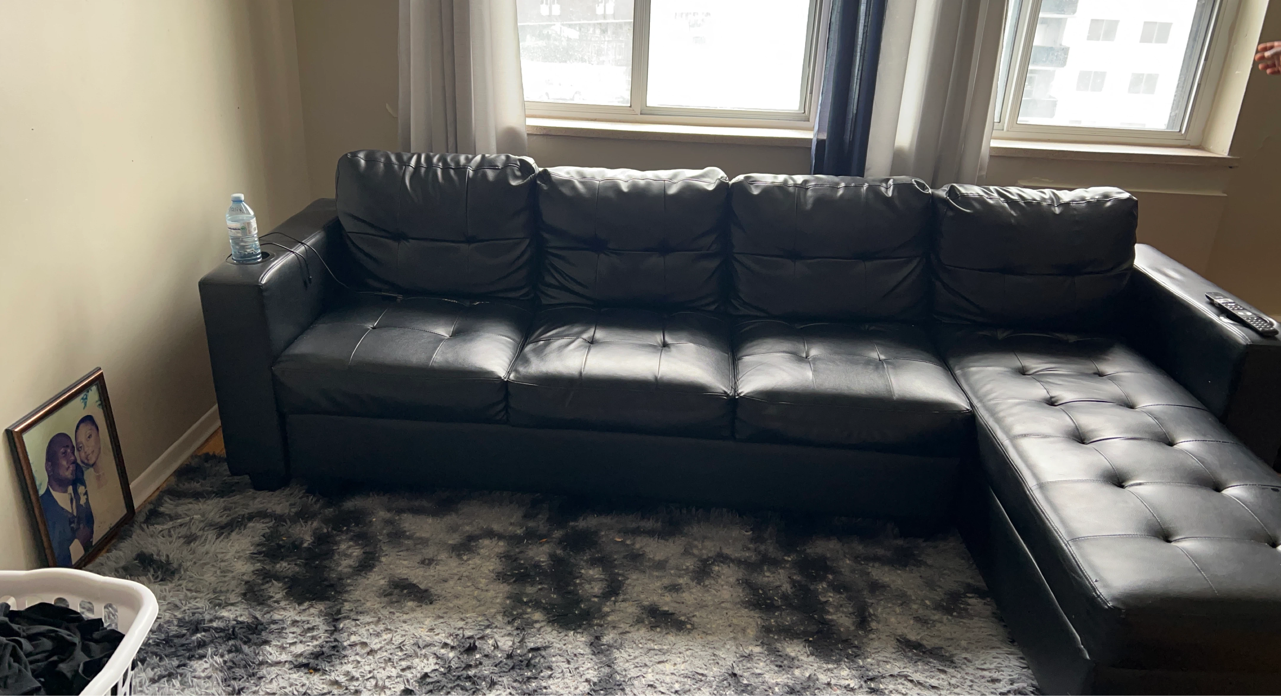 Black Faux Leather Sectional Sofa with Chaise