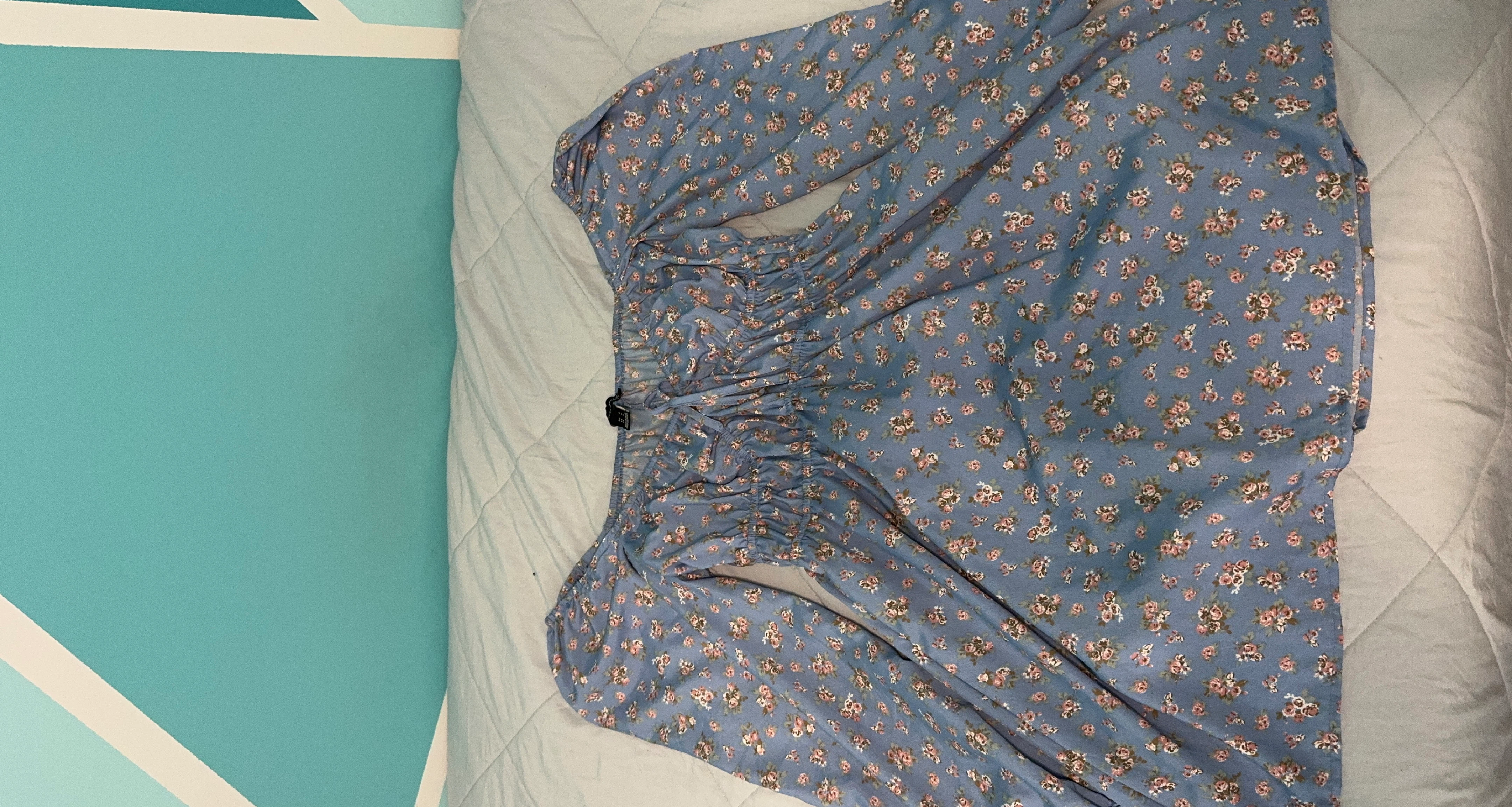 Blue Floral Ruched Long Sleeve mini dress