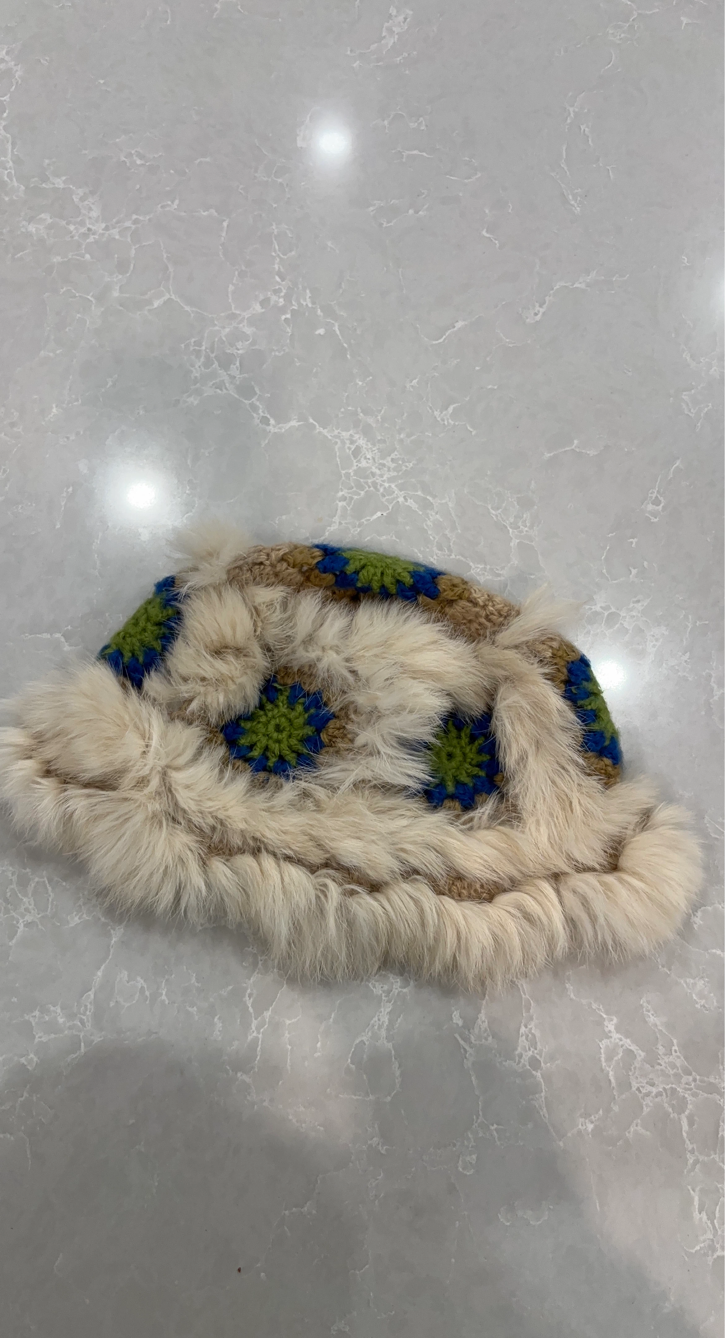 Crocheted Bucket Hat with Faux Fur Trim