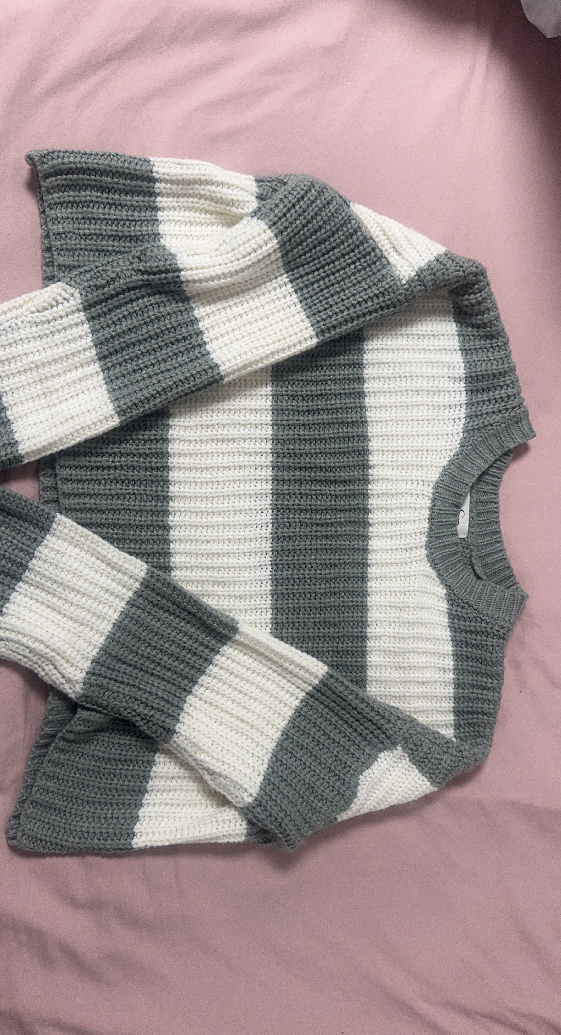 White and sage green Striped Sweater