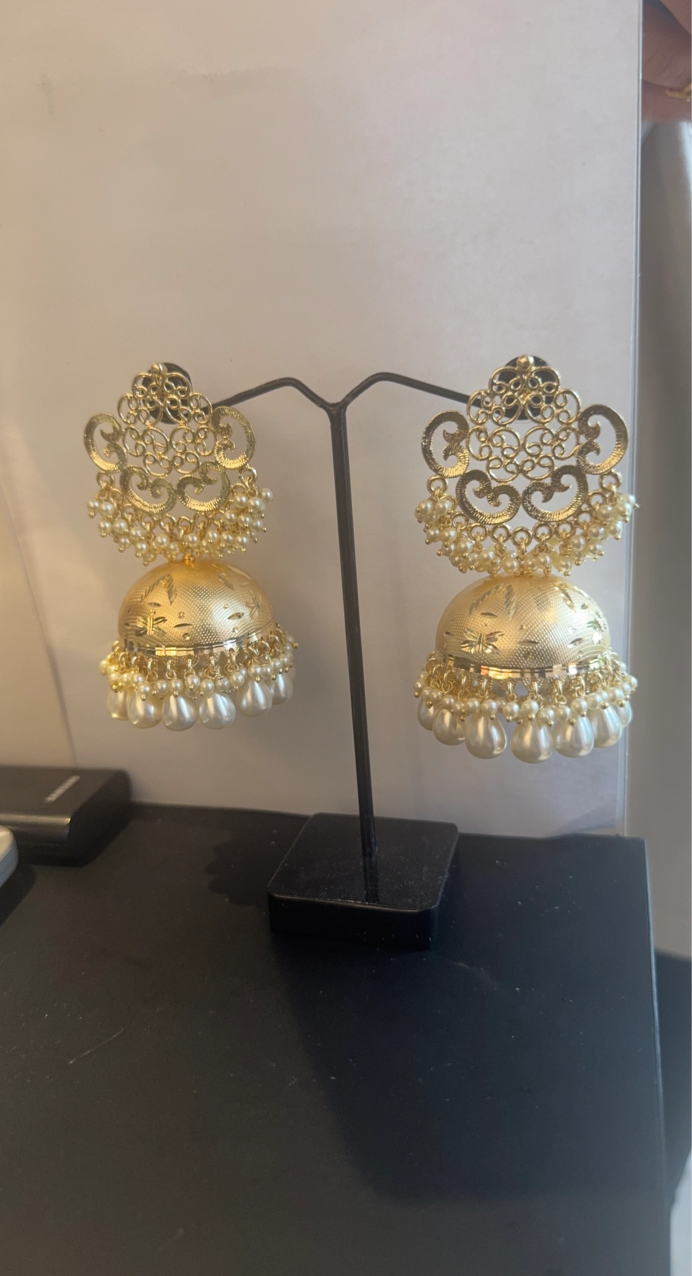Gold Jhumka Earrings with Pearls