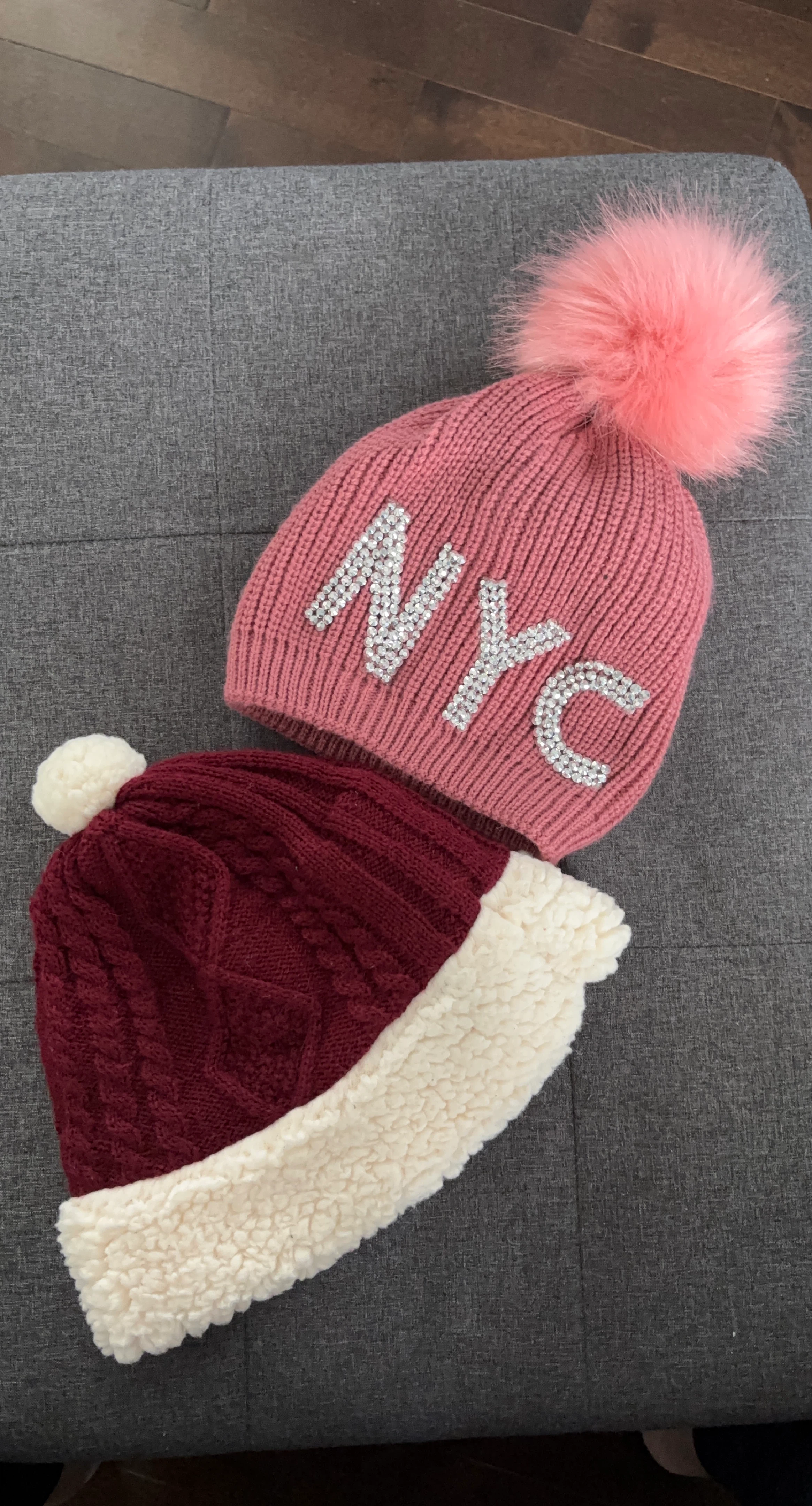 Pink NYC Pom Beanie & Burgundy Sherpa Lined Hat