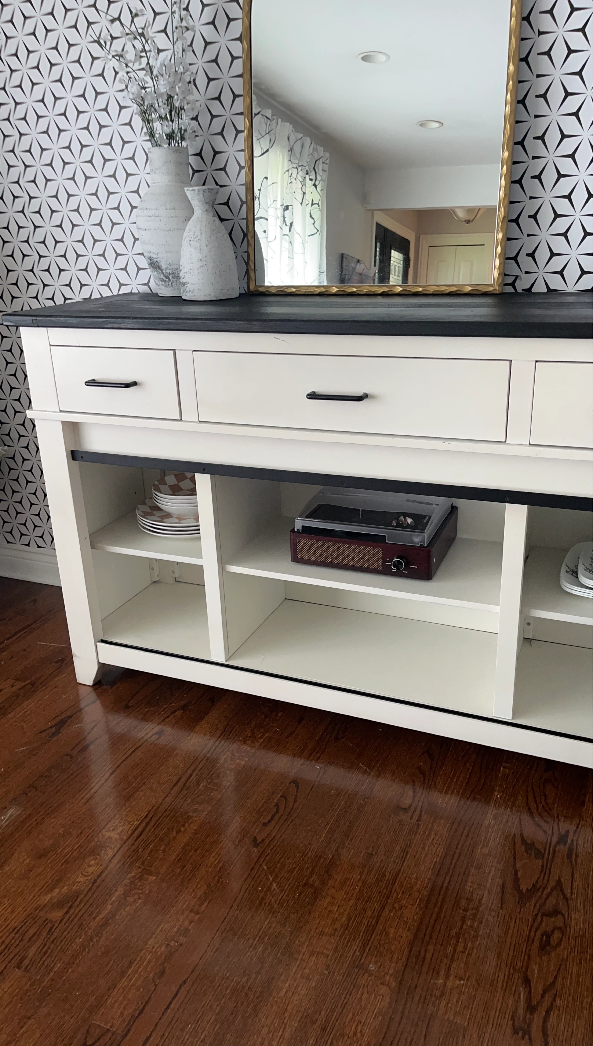 White Farmhouse Sideboard with Black Top