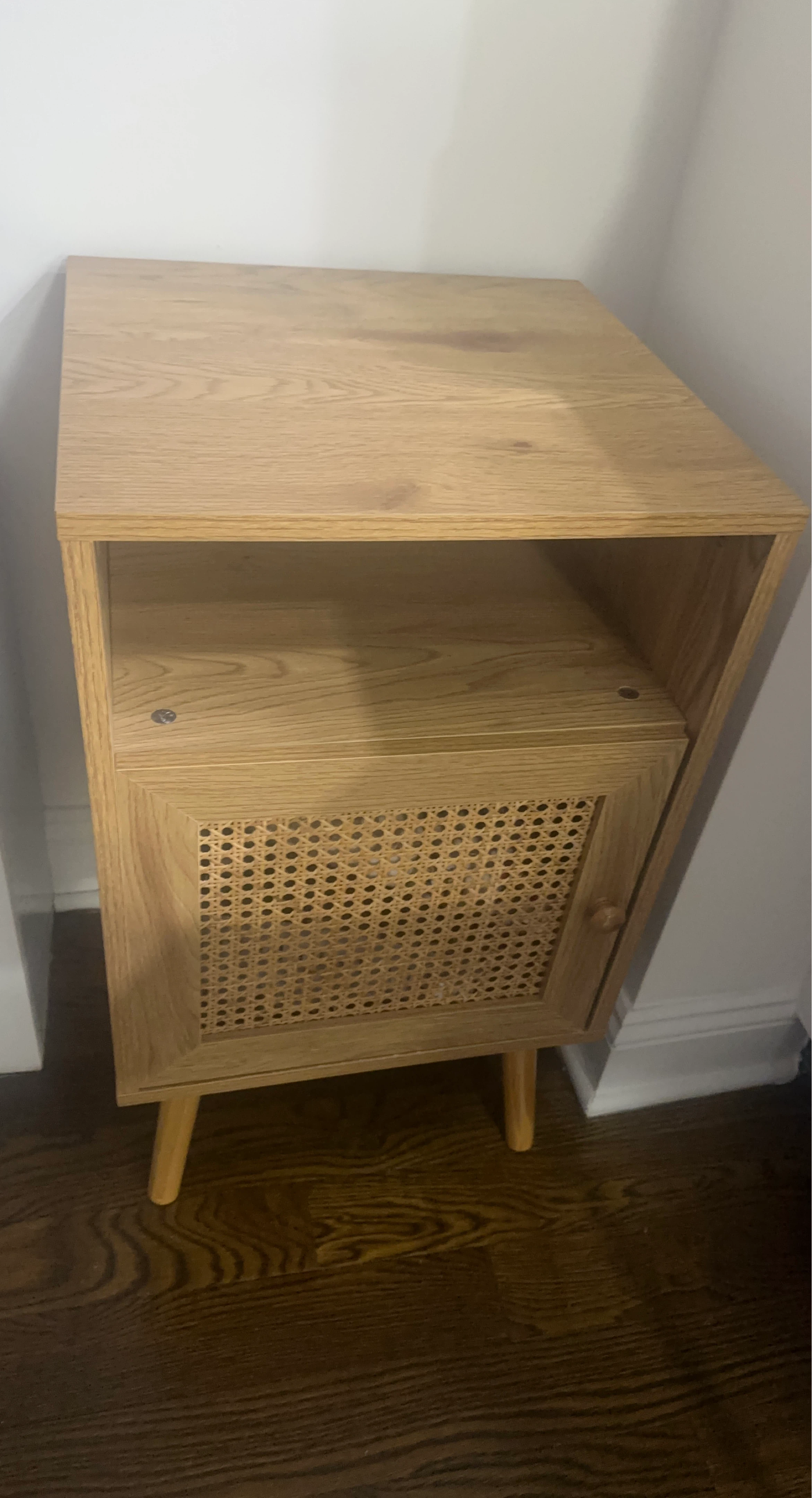 Oak Wood Finish Nightstand with Rattan Door Accent