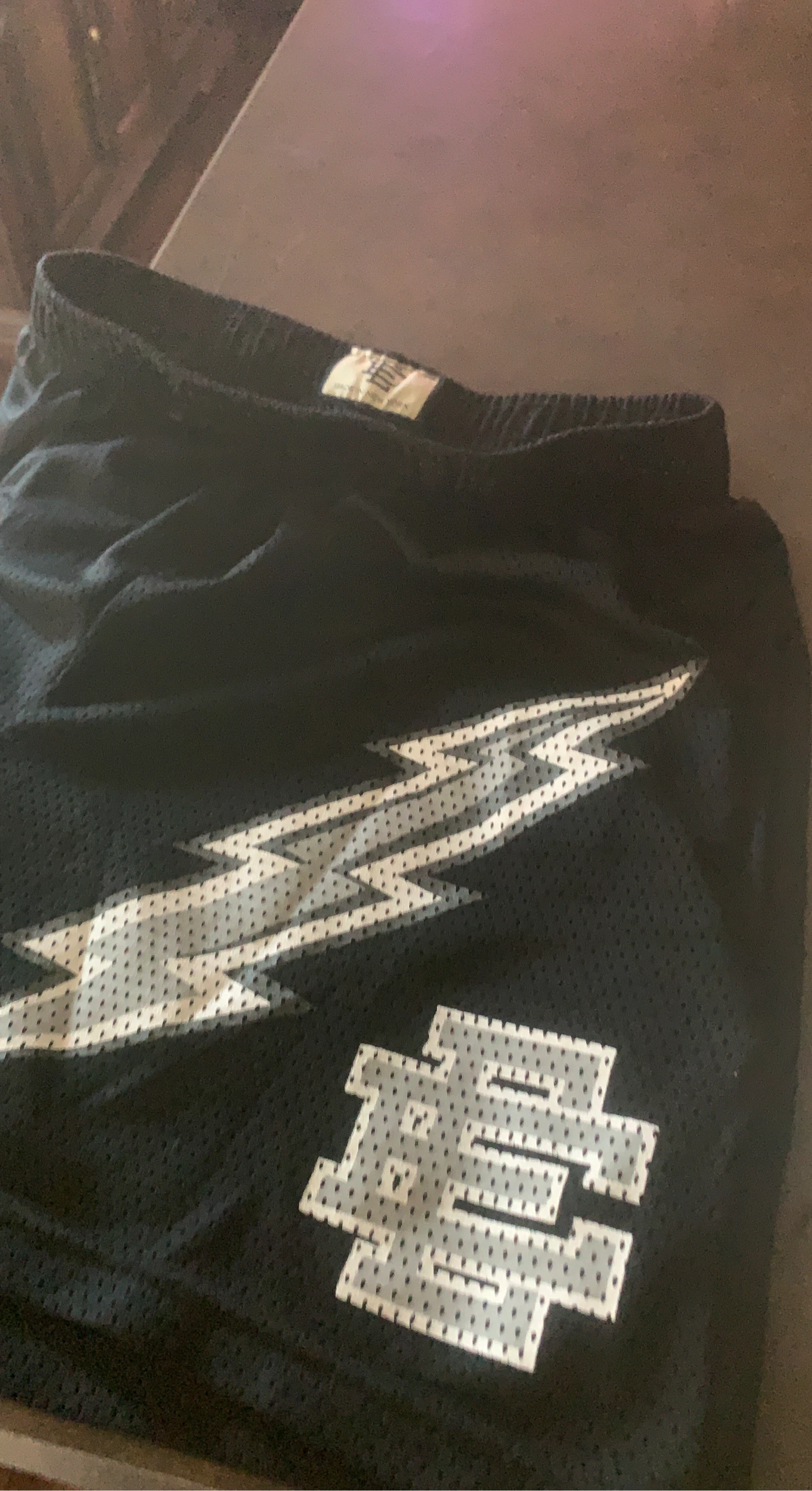 Black Mesh Shorts with Lightning Bolt and Logo