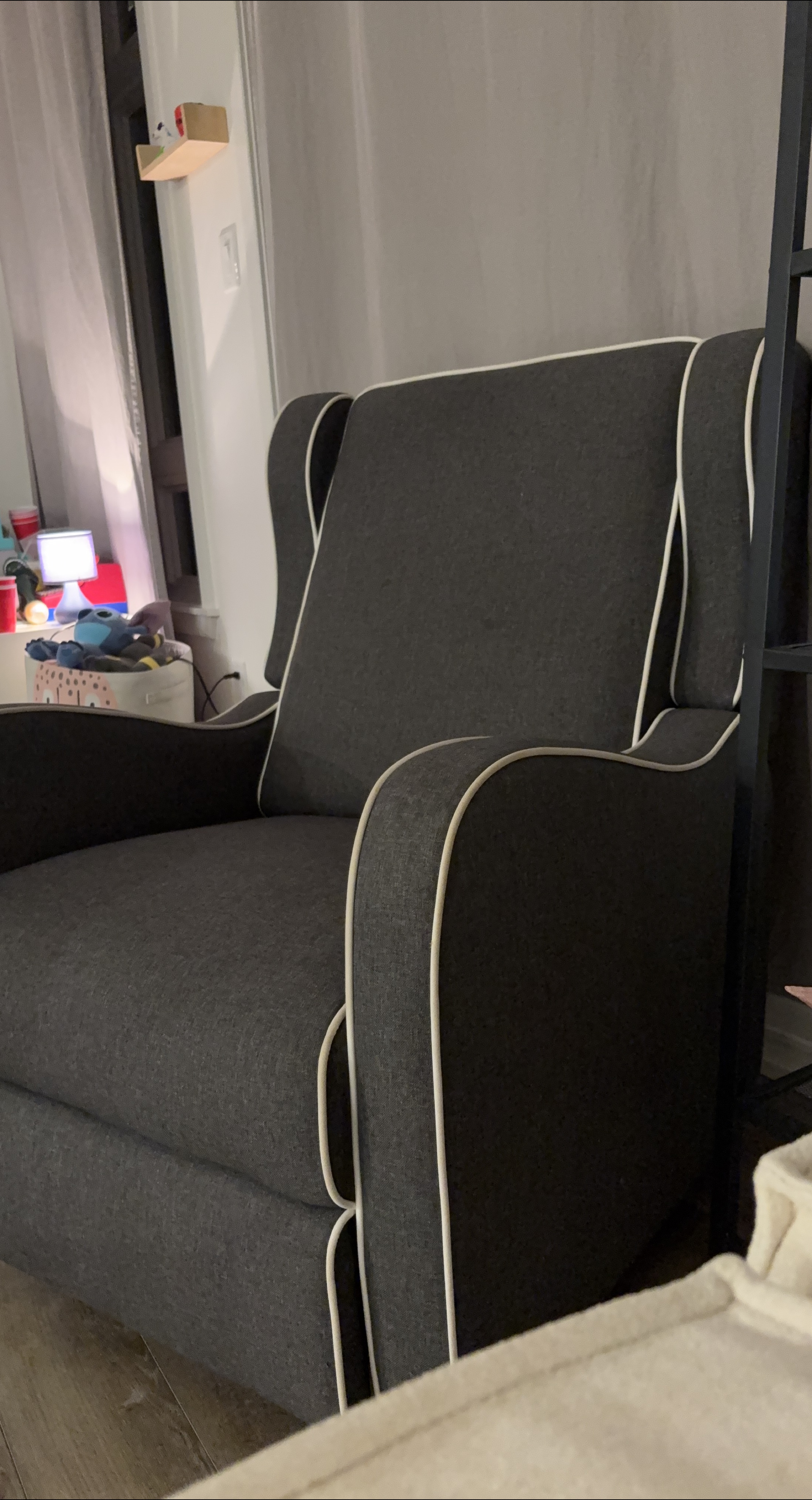 Dark Grey Upholstered Glider/Recliner Chair with White Piping🌱