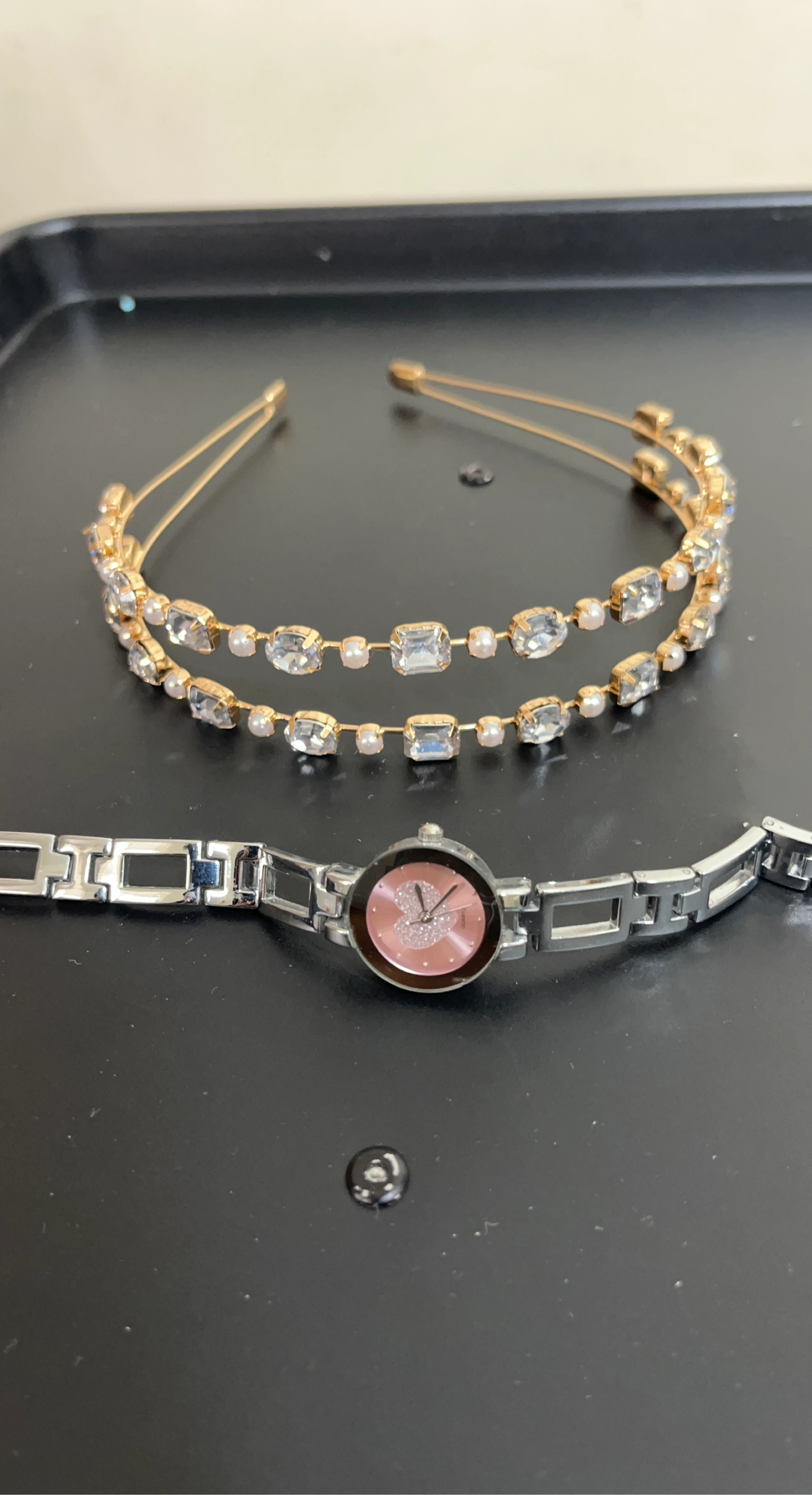 Gold Rhinestone and Pearl headband pink Heart Watch