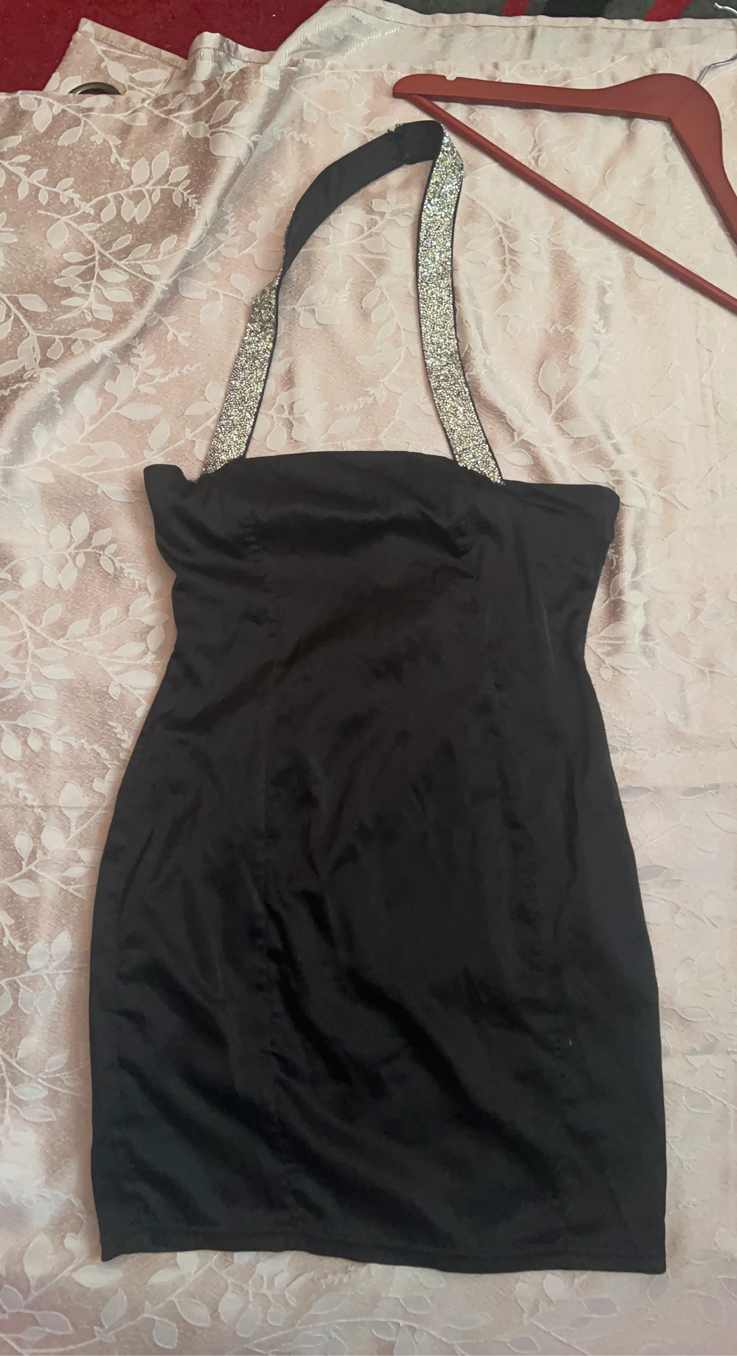 Meek Black Satin Dress with Sparkle Straps Size L
