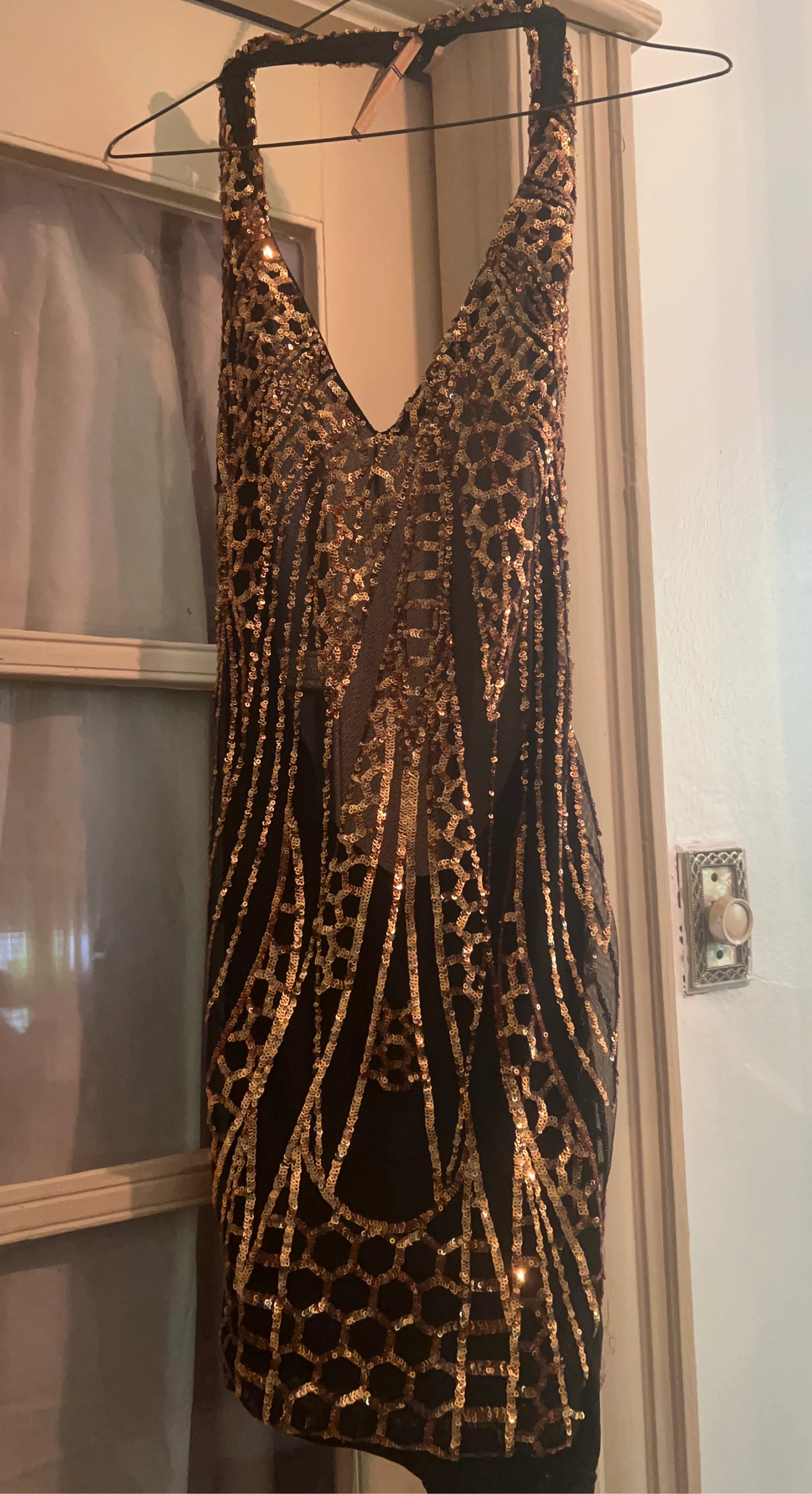 Black & Gold Sequin Halter Dress