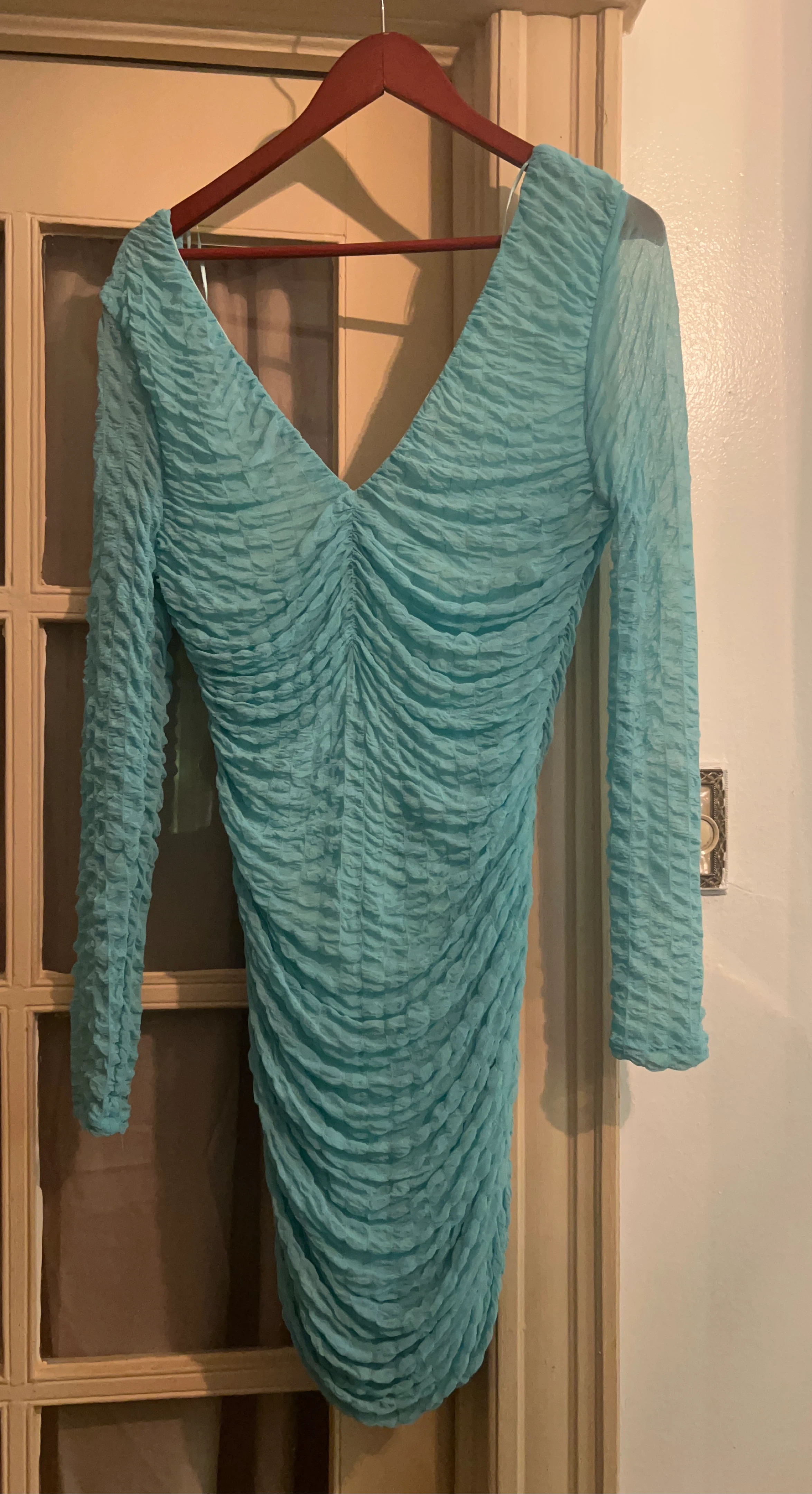 Fashion Nova Ruched Long Sleeve Mini Dress - Teal XL