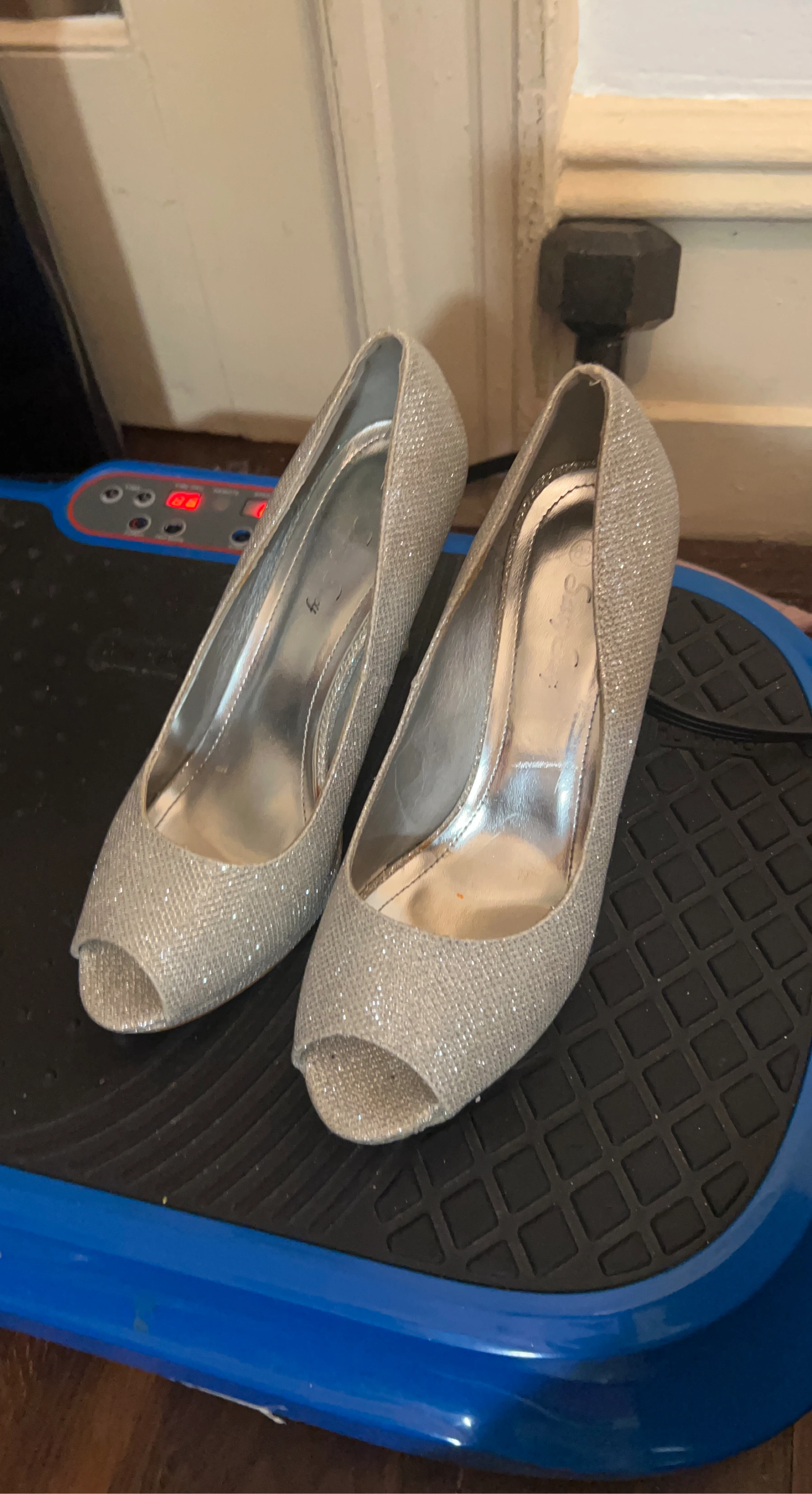 Sparkly Silver Peep-Toe Heels