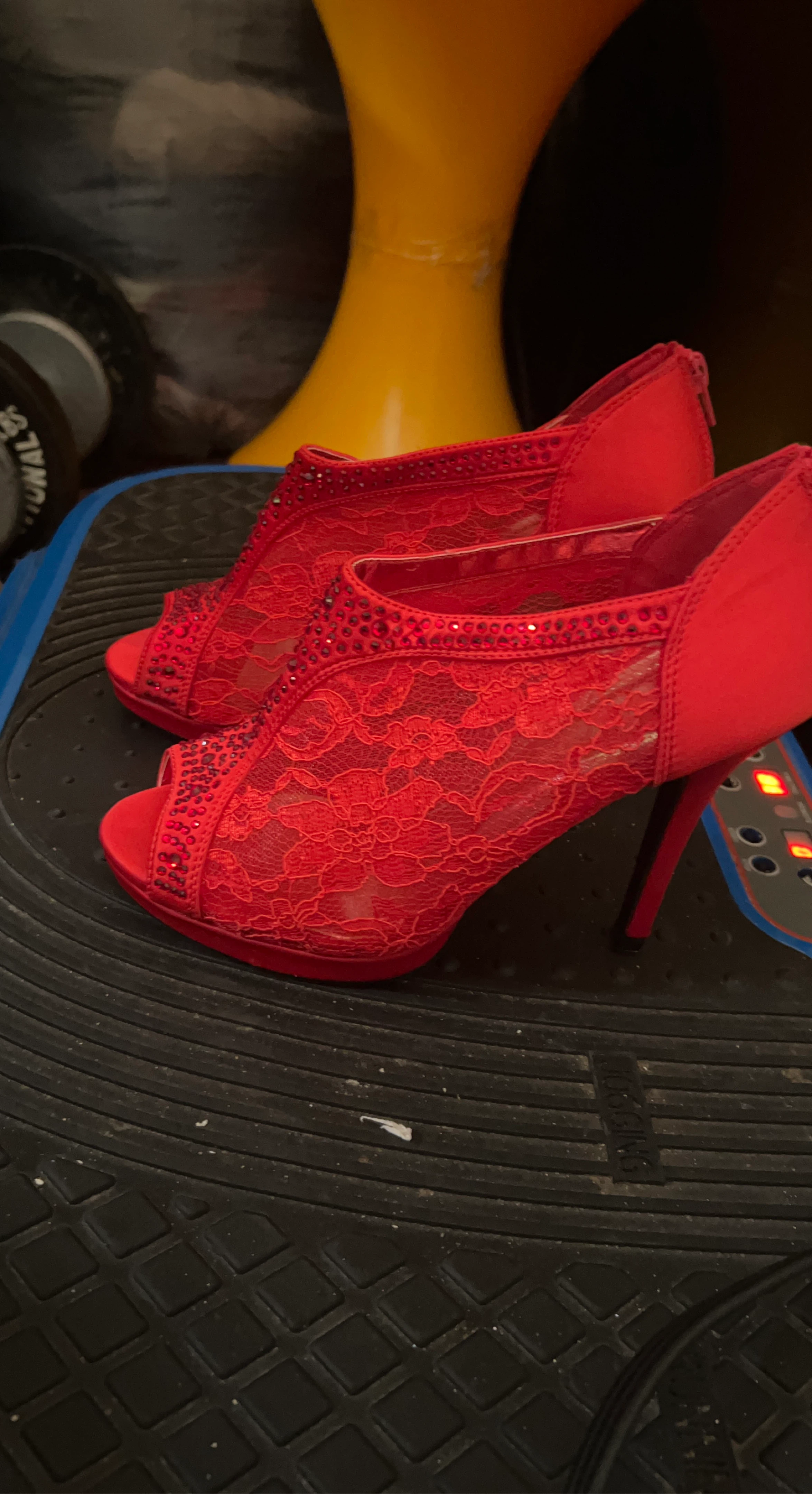 Red Lace Peep-Toe Heels