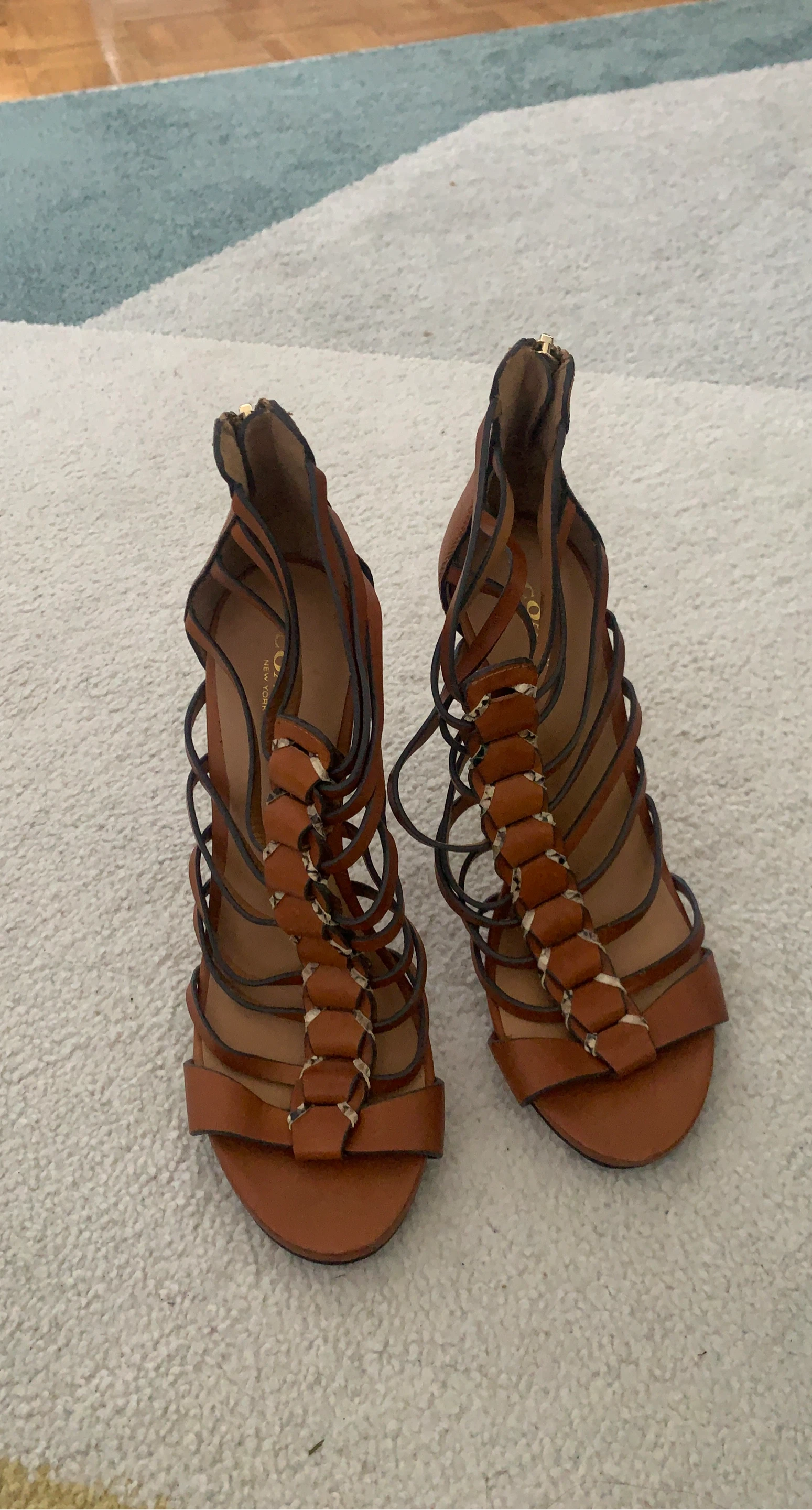 COACH Brown Strappy Heels with Snake Print Stiletto Heel