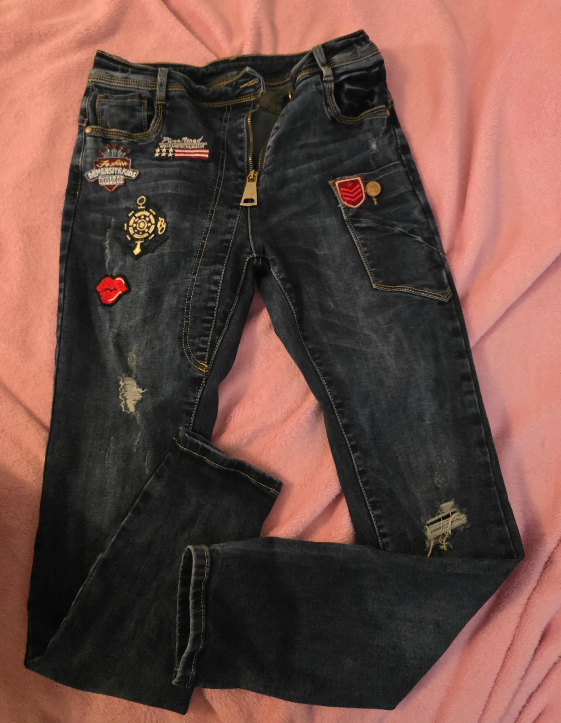 Blue Denim Jeans with Patches - Size M