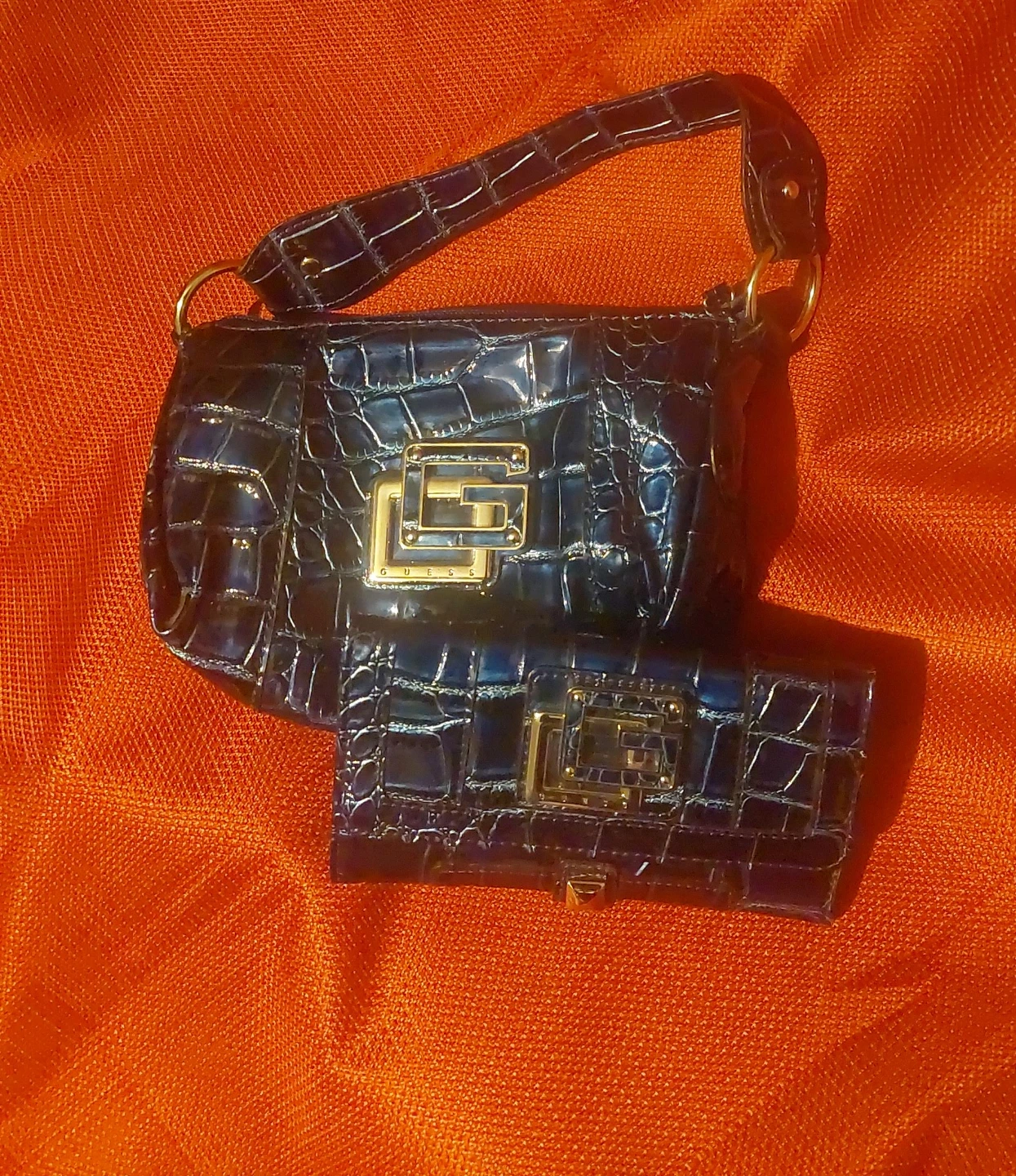 Guess Blue Croc Embossed Shoulder Bag and Wallet Set