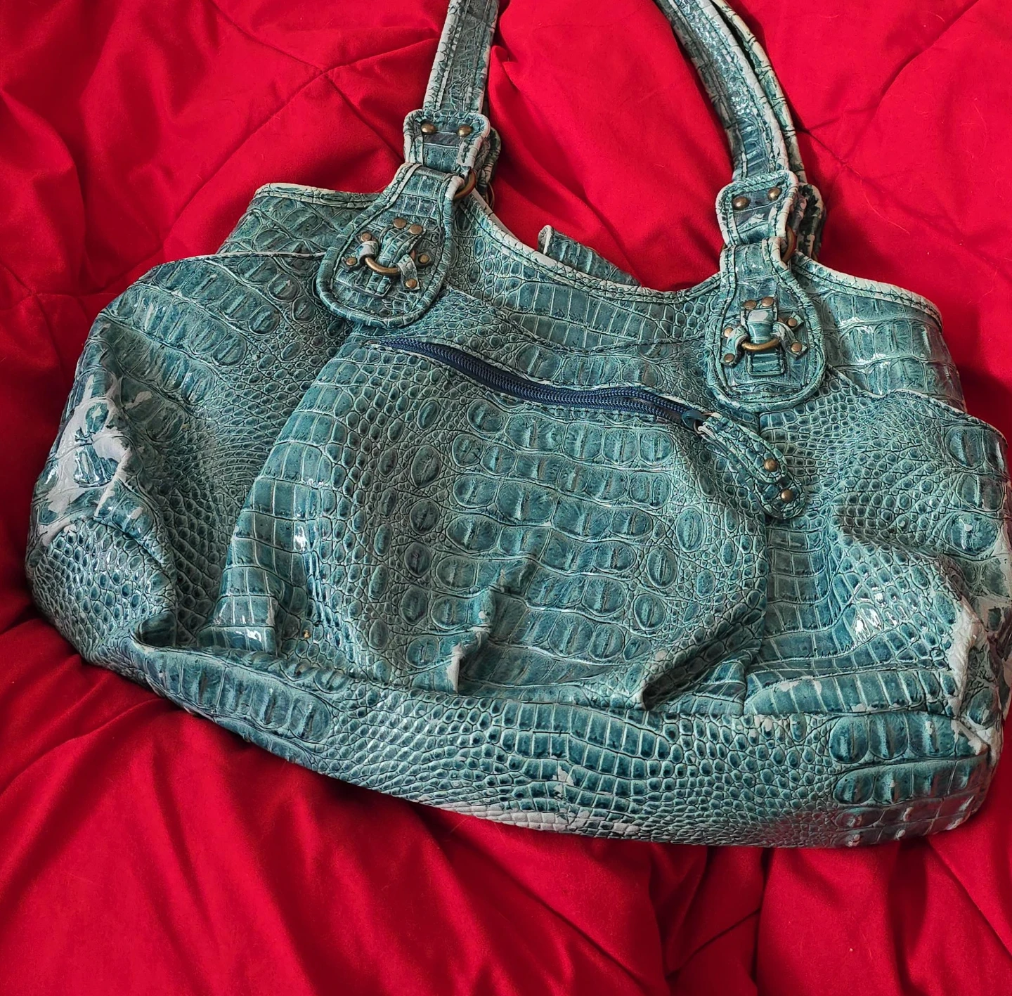 Teal Faux Croc Textured Handbag/purse